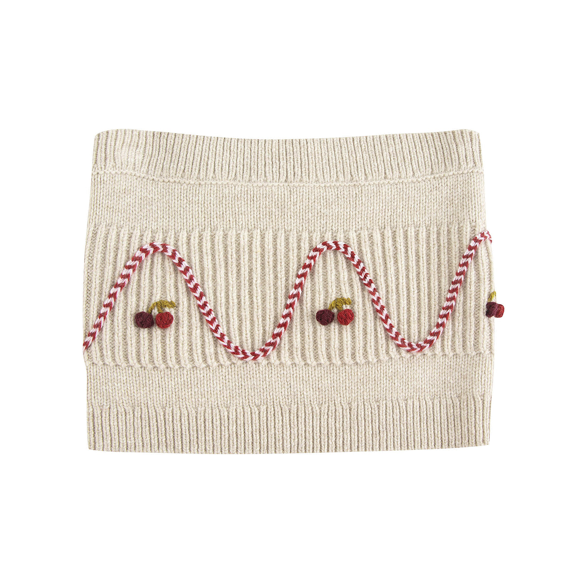 Girls Beige Cherry Embroidered Wool Scarf