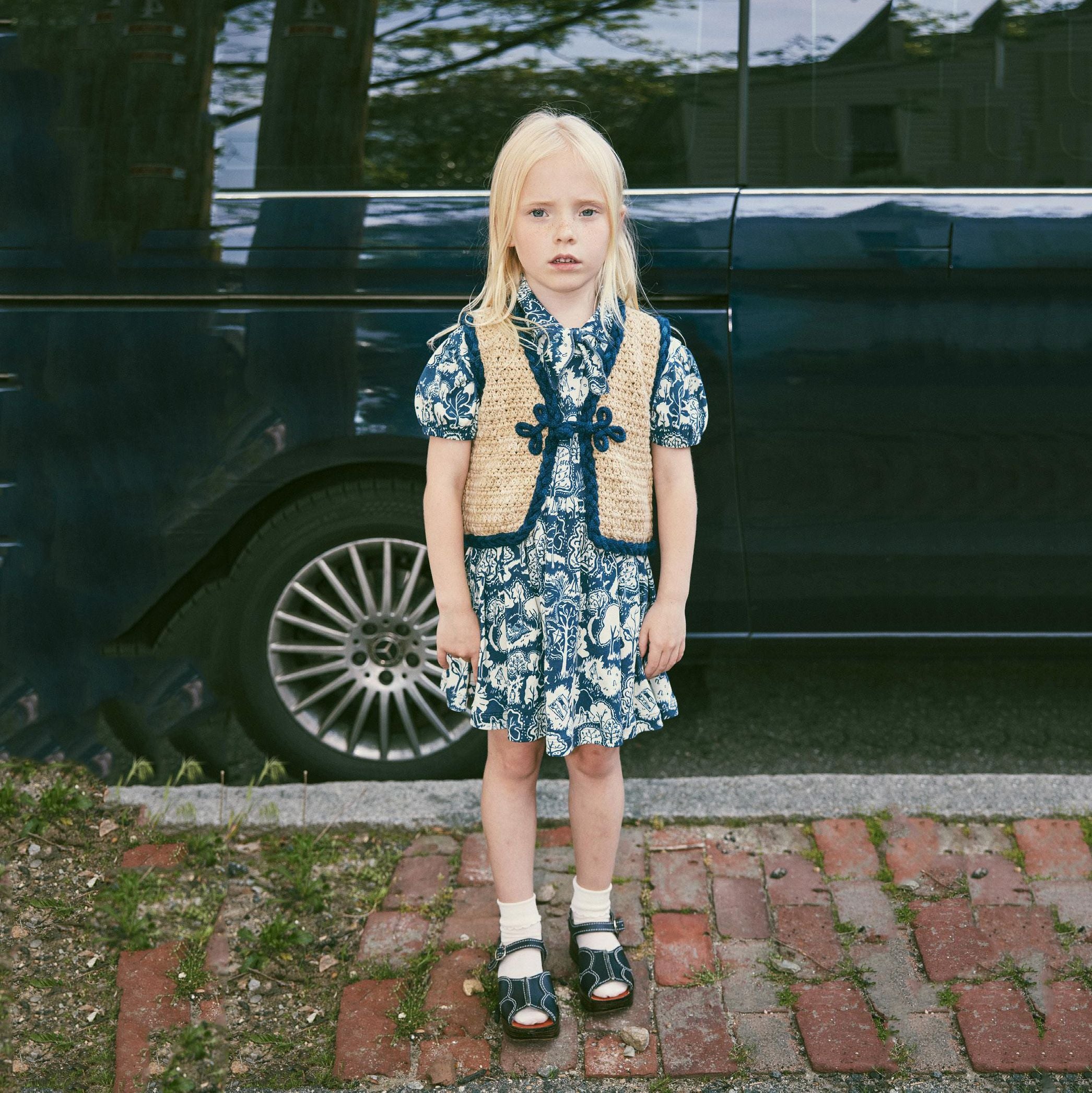 Girls Blue Printed Cotton Dress
