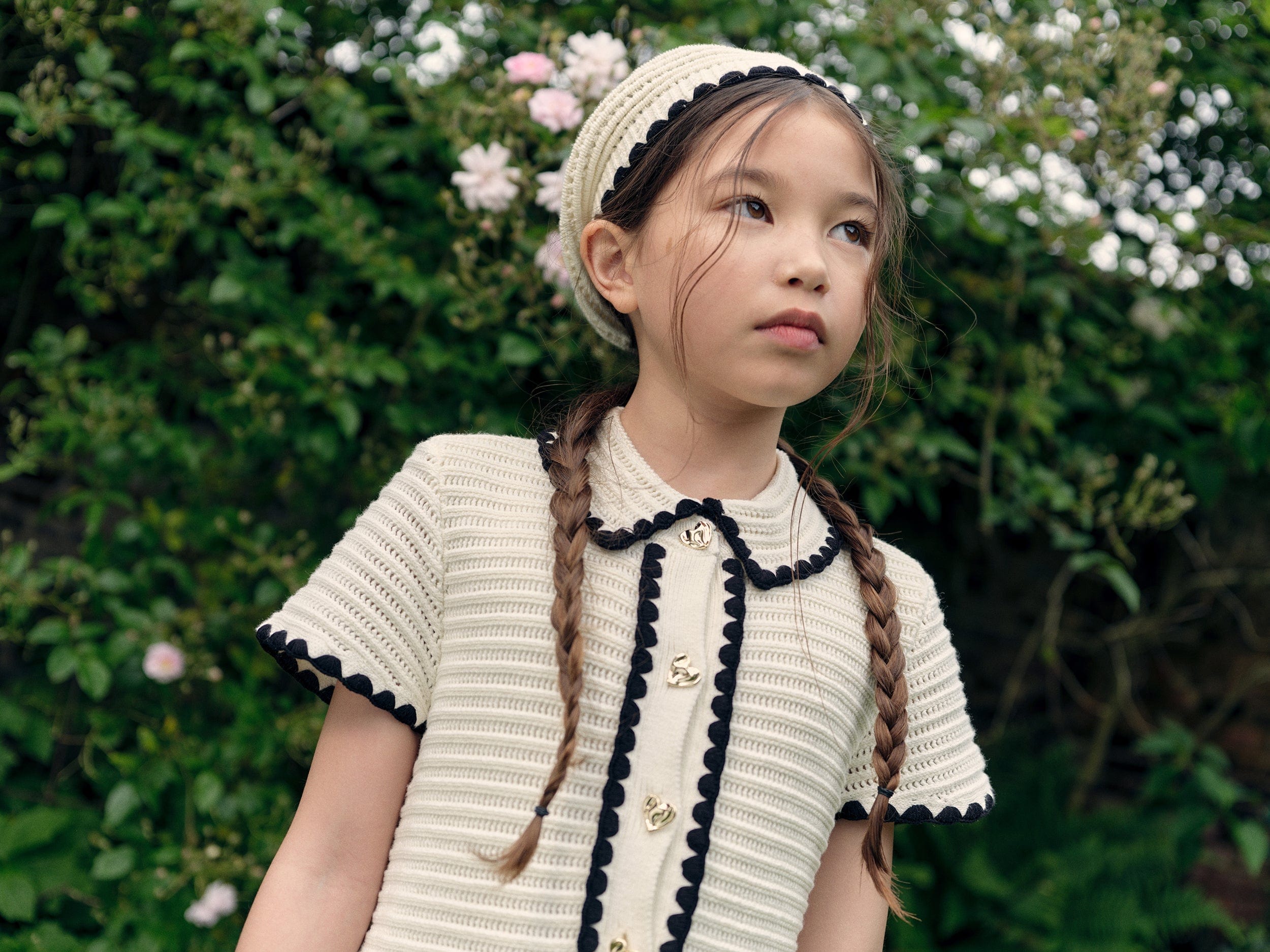 Self Portrait Girls Crochet Beret in Ivory