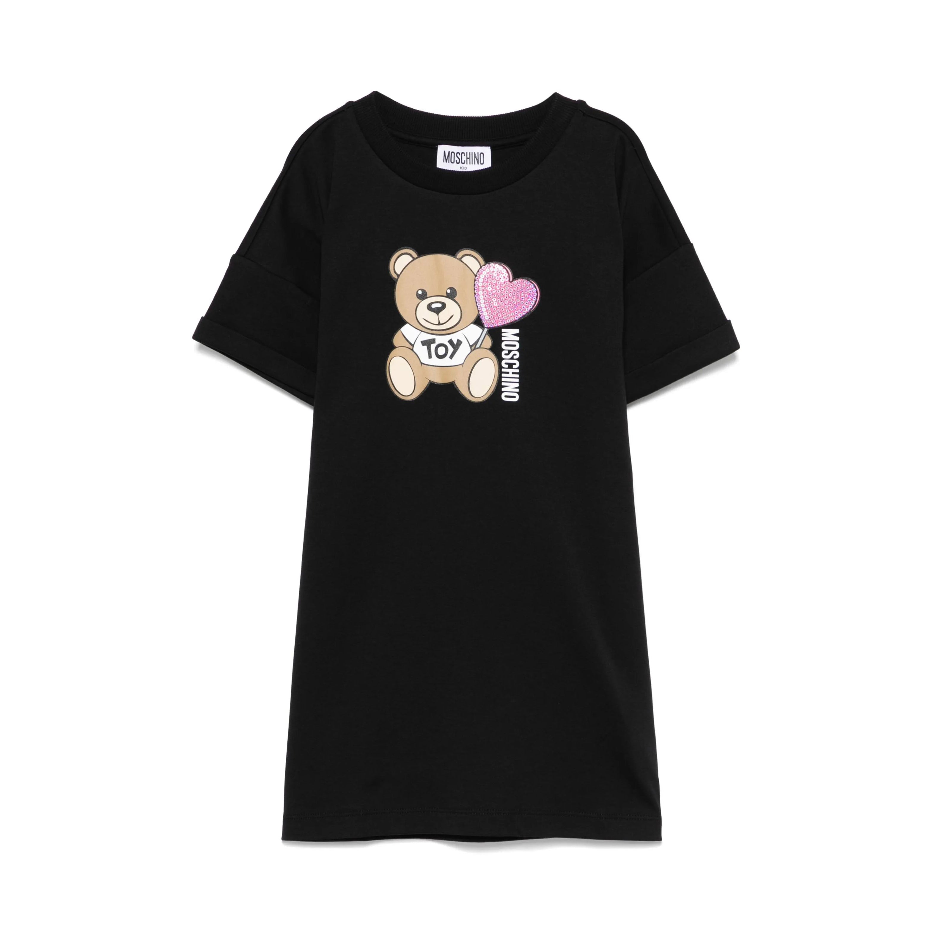 Girls Black Teddy Bear Printed Cotton Dress