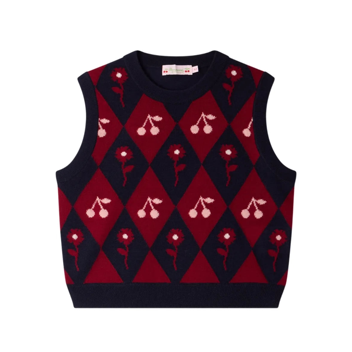 Girls Navy Cherry Jacquard Wool Vest
