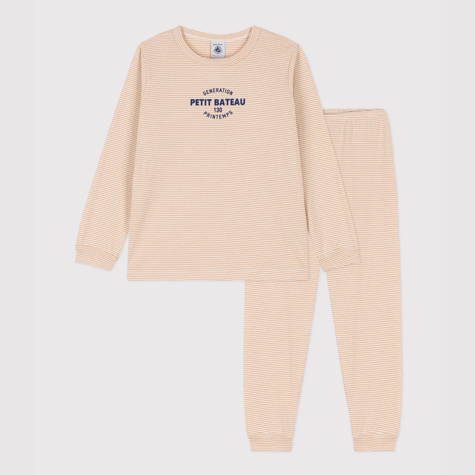 Boys Beige Stripes Cotton Nightwear Set