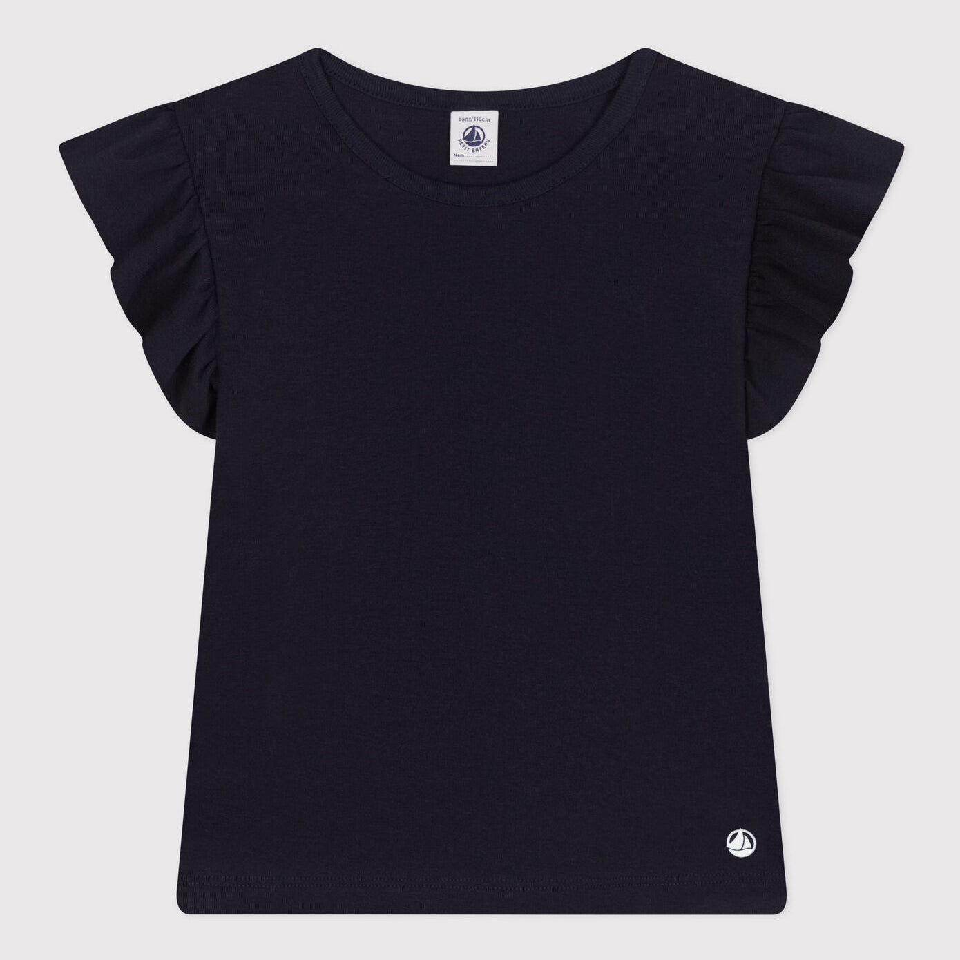 Girls Navy Ruffled Cotton T-Shirt