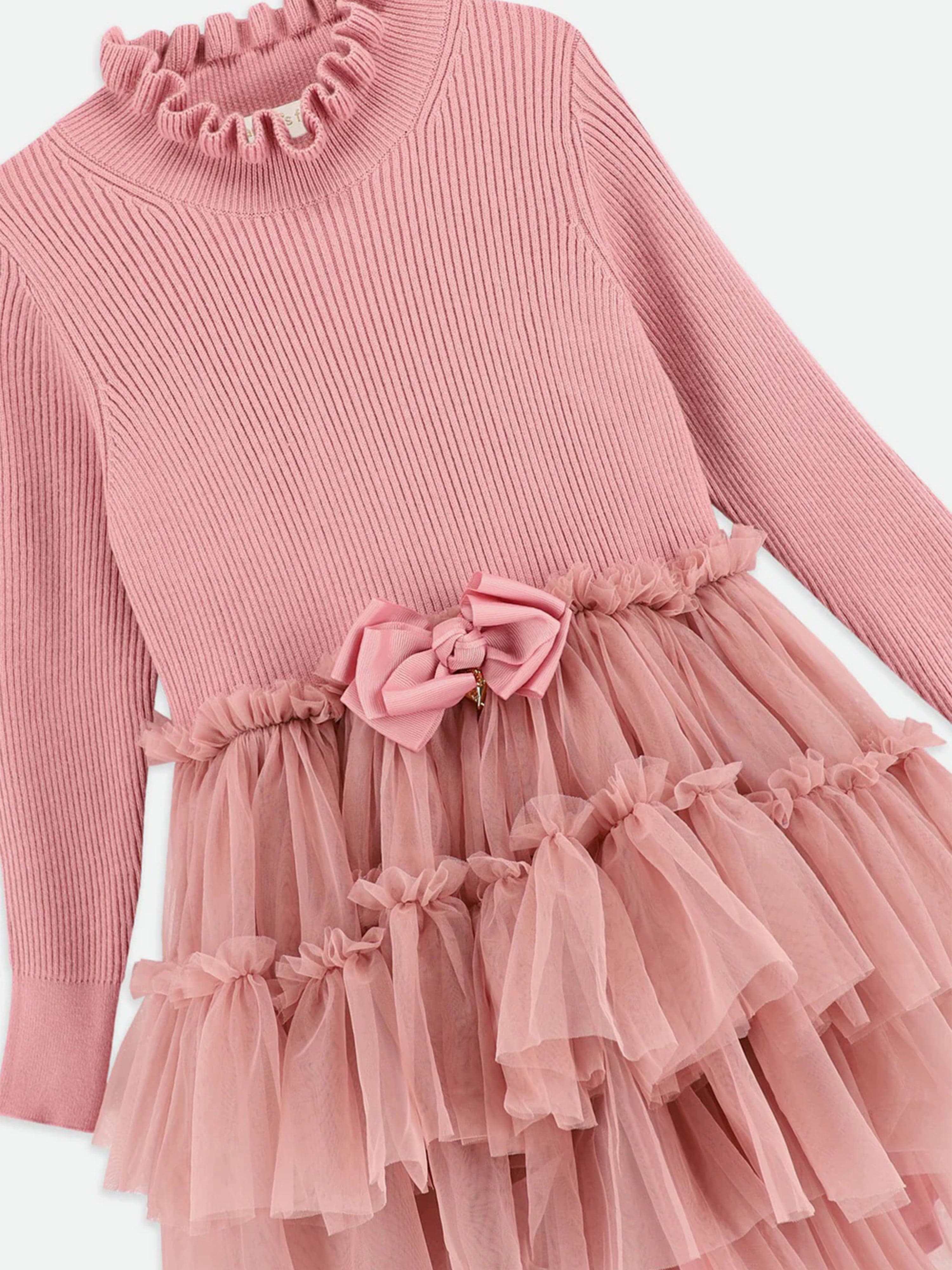 Girls Elin Knit and Tulle Dress in Pink