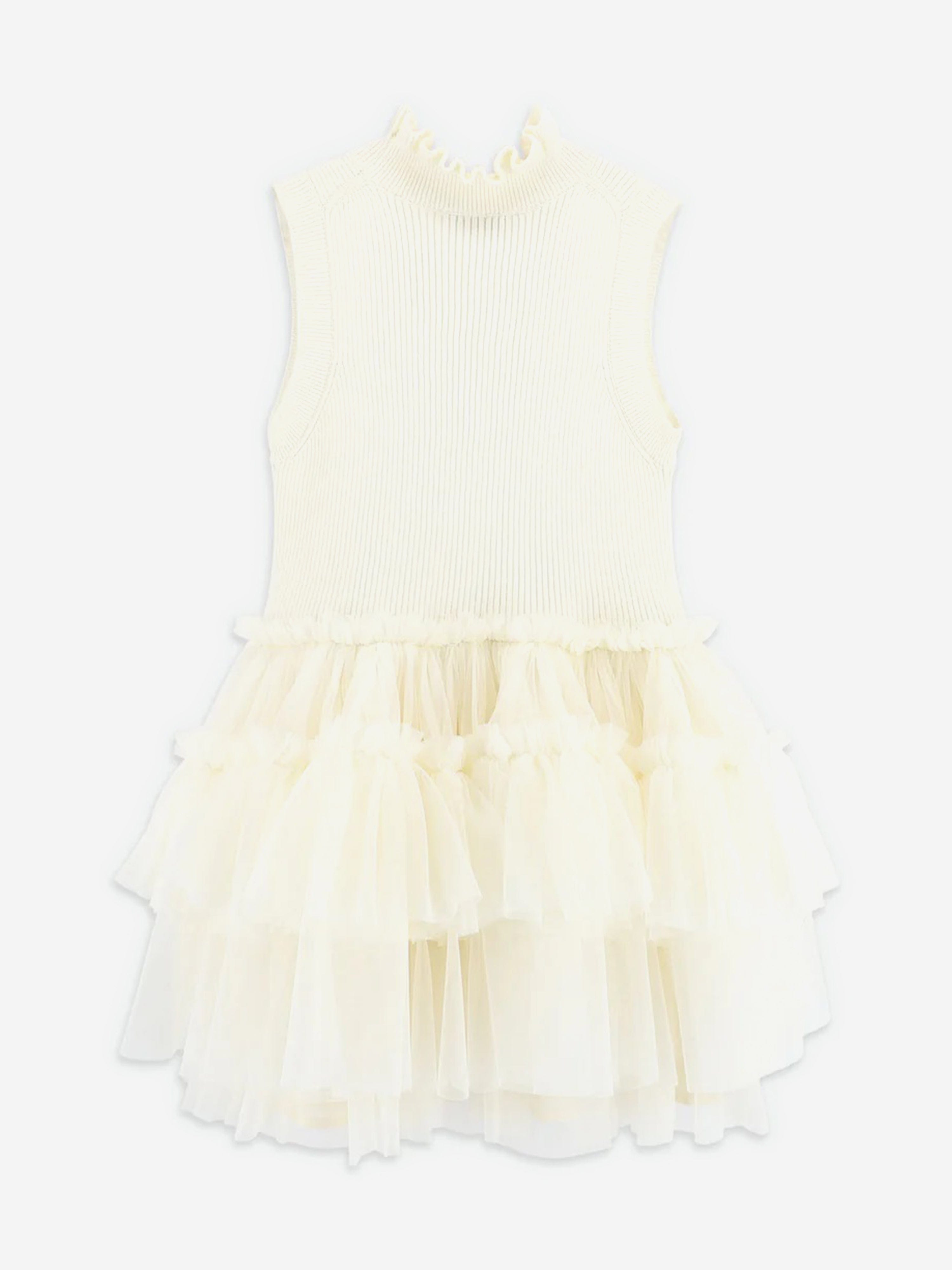 Girls Eunice Sleeveless Knit With Tulle Dress in Ivory