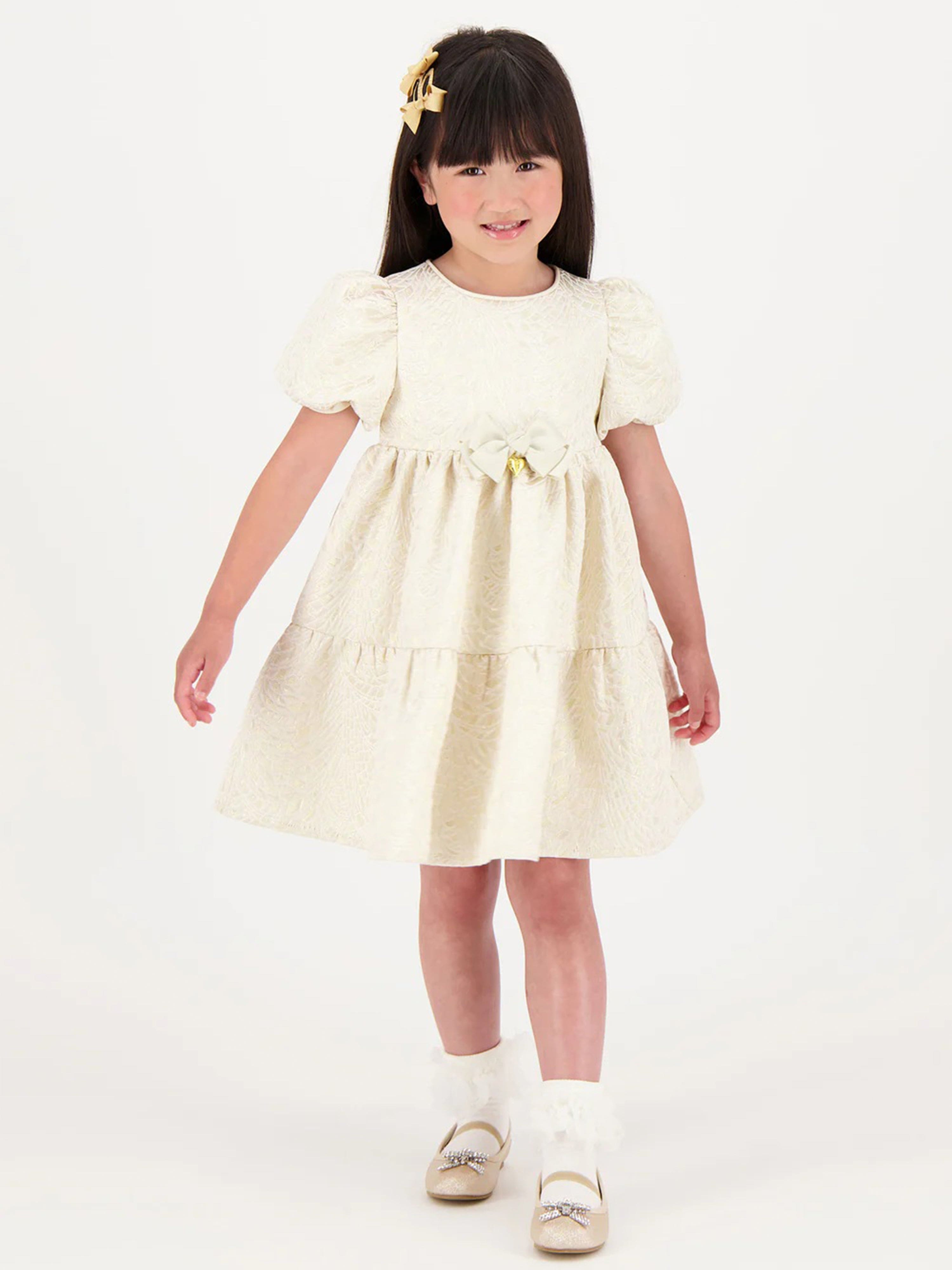 Girls Jordan Deco Jacquard Tiered Dress in Gold
