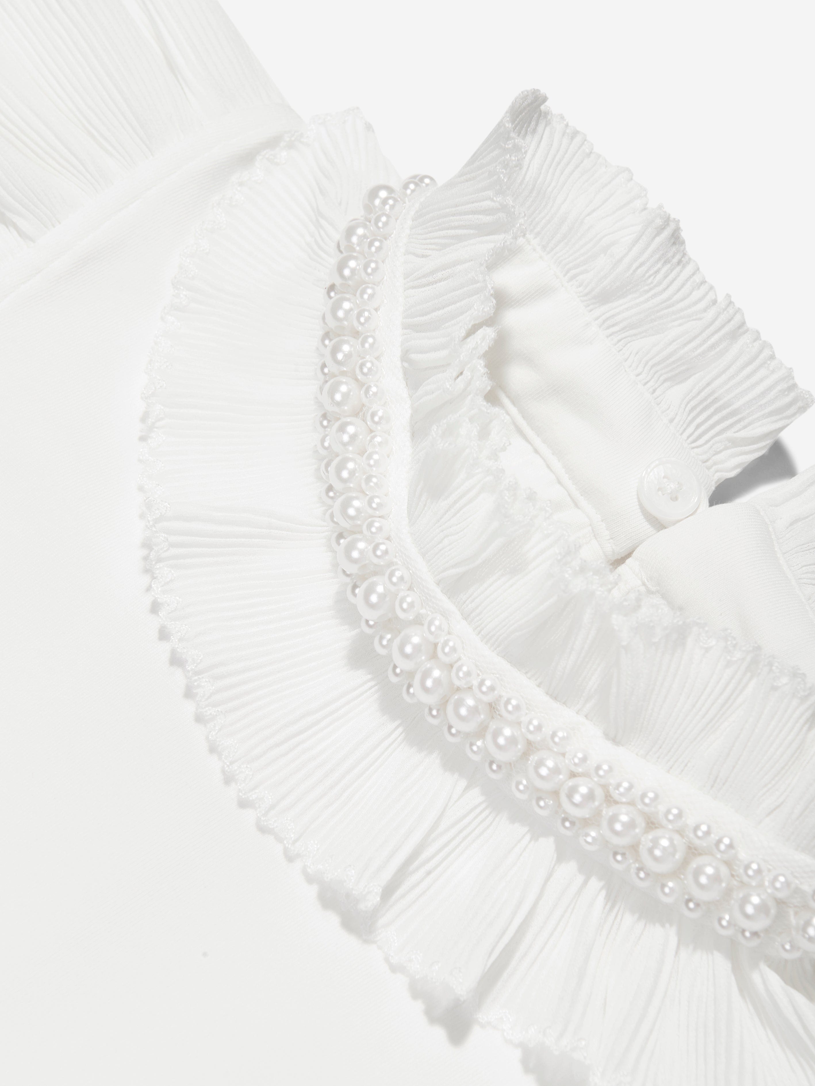 Girls Pearlee Pleated Pearl Collar Top in White