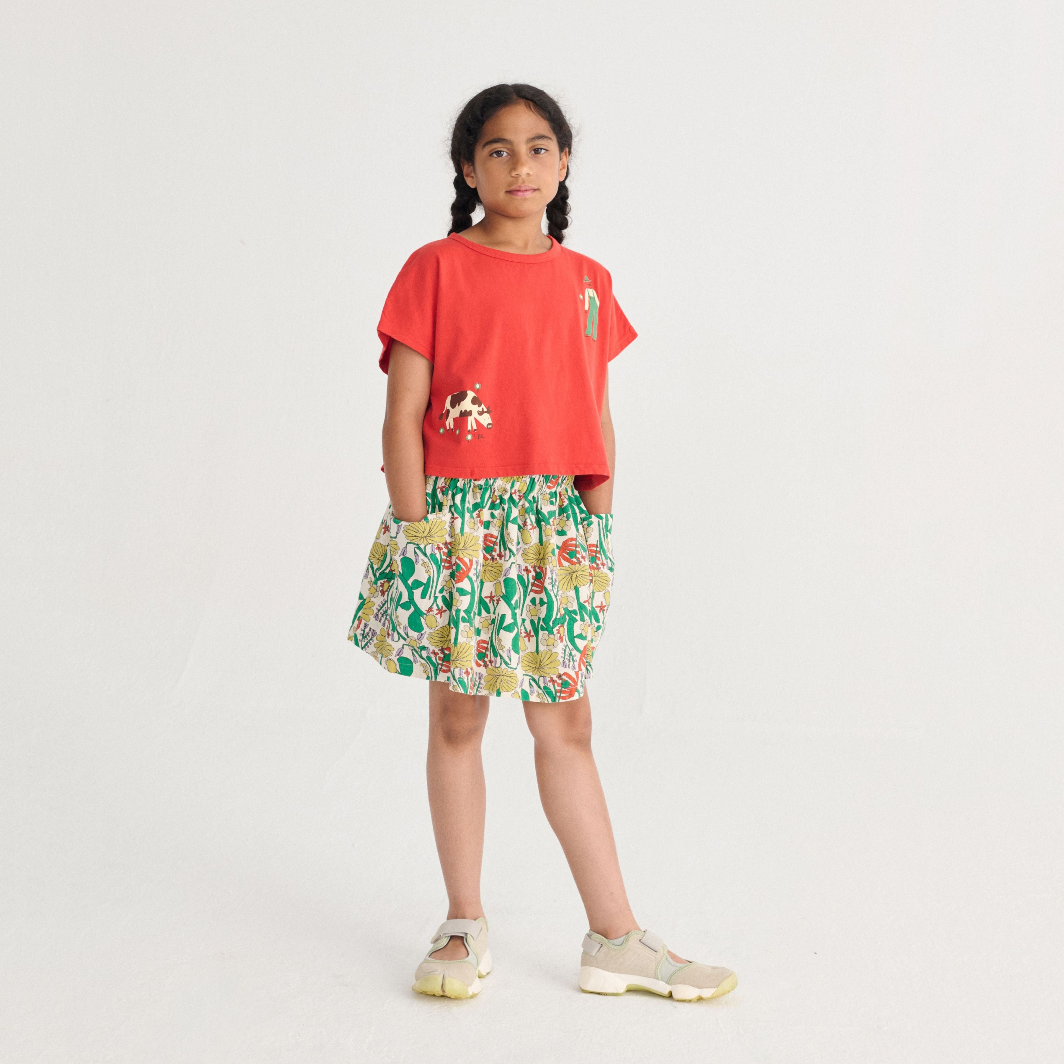 Girls Red Cow Printed Cotton Cropped T-Shirt