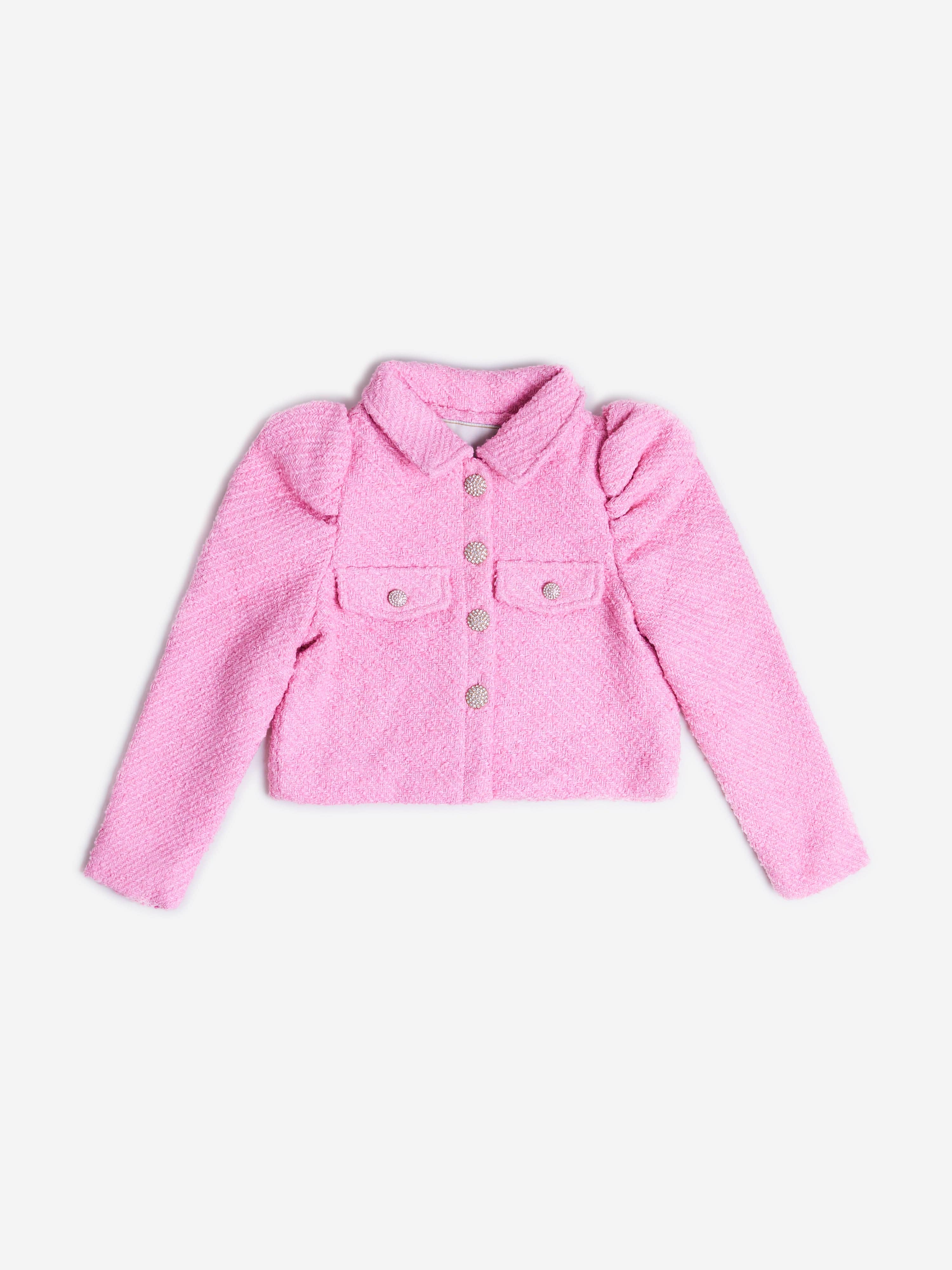 Girls Tweed Puff Sleeve Jacket in Pink