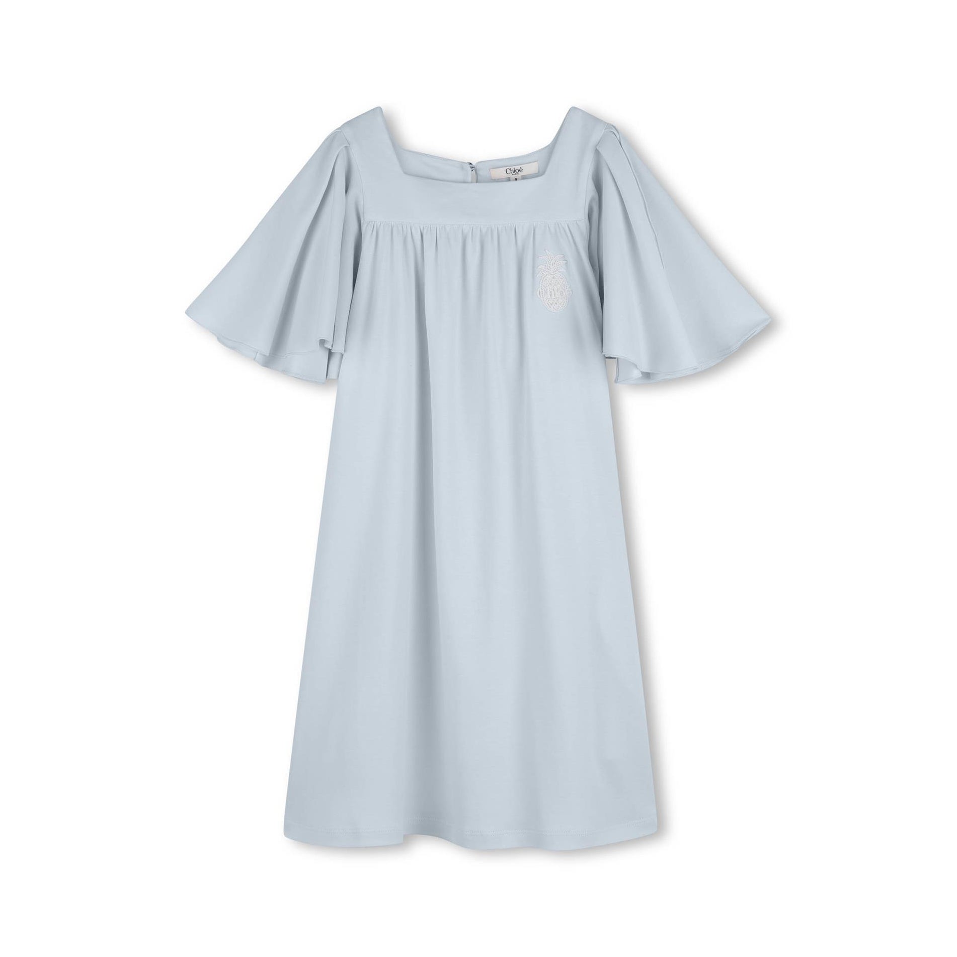 Girls Light Blue Pineapple Embroidered Cotton Dress