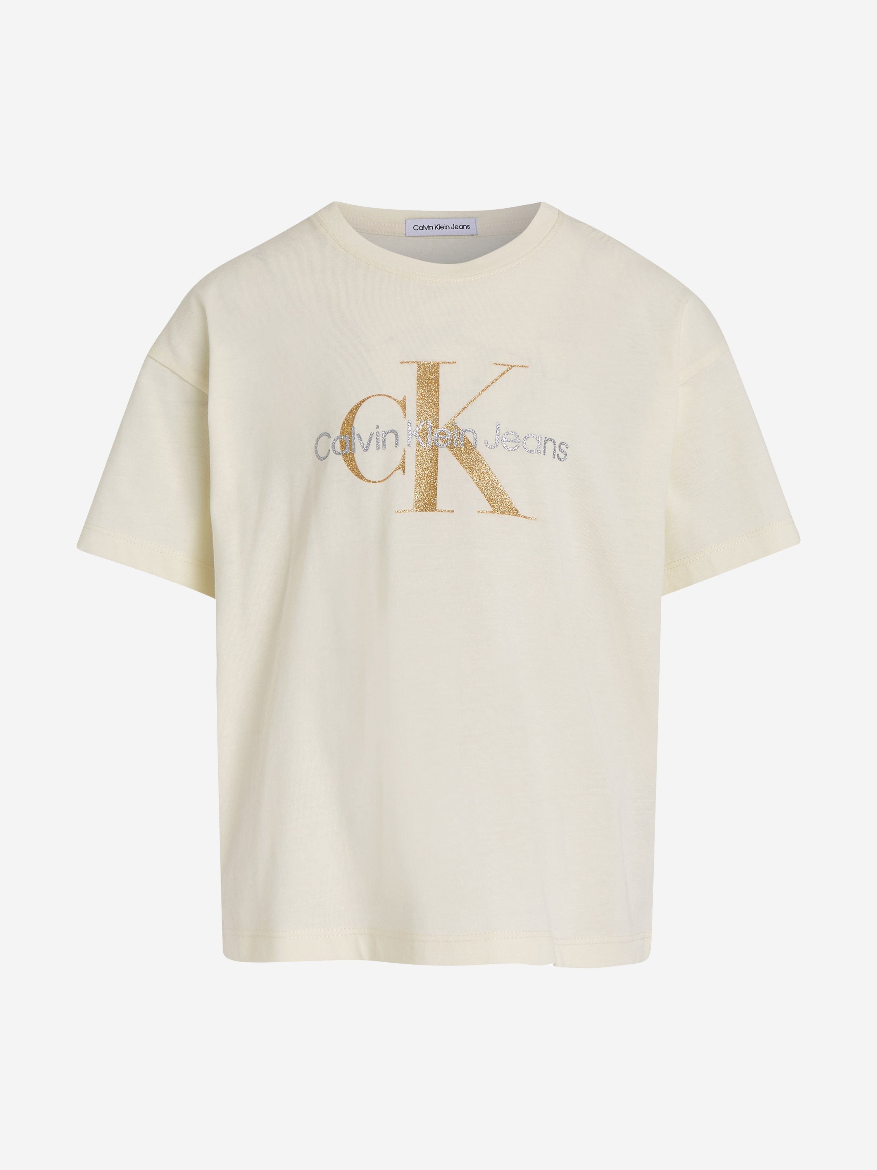 Calvin Klein Girls Glitter Monogram Boxy T-Shirt in Ivory