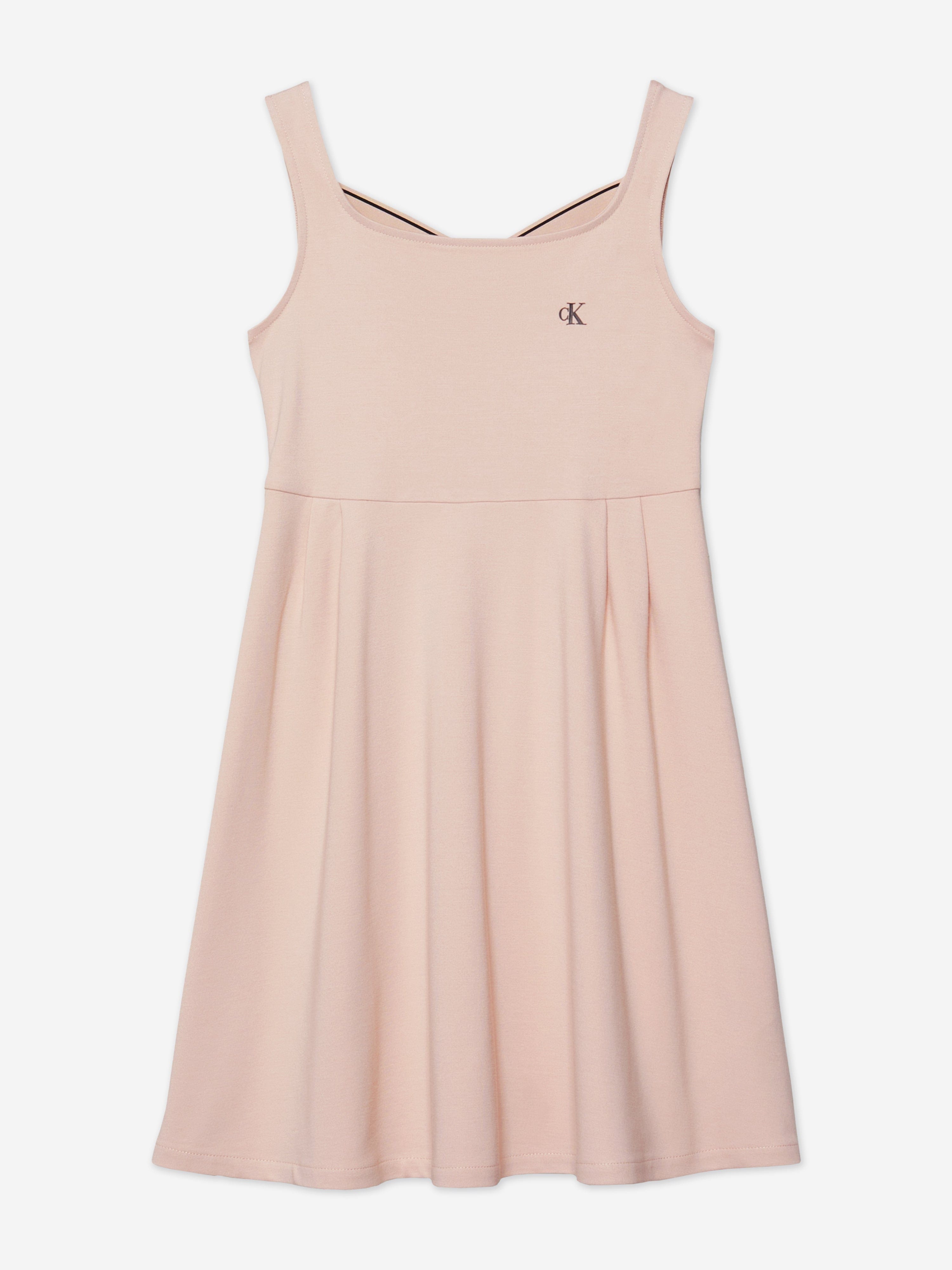 Calvin Klein Girls Back Logo Tape Fit Flare Dress in Pink