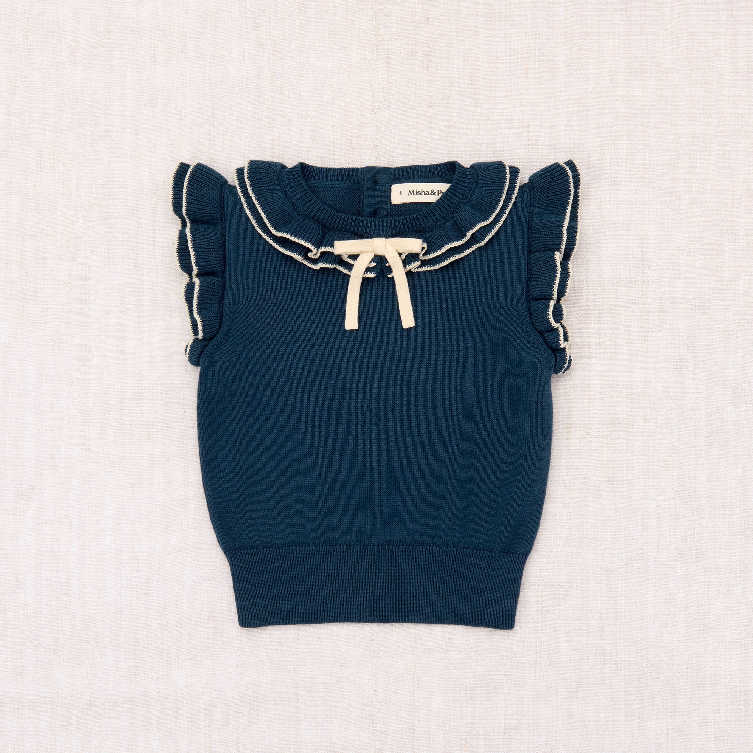 Girls Navy Ruffled Cotton Top