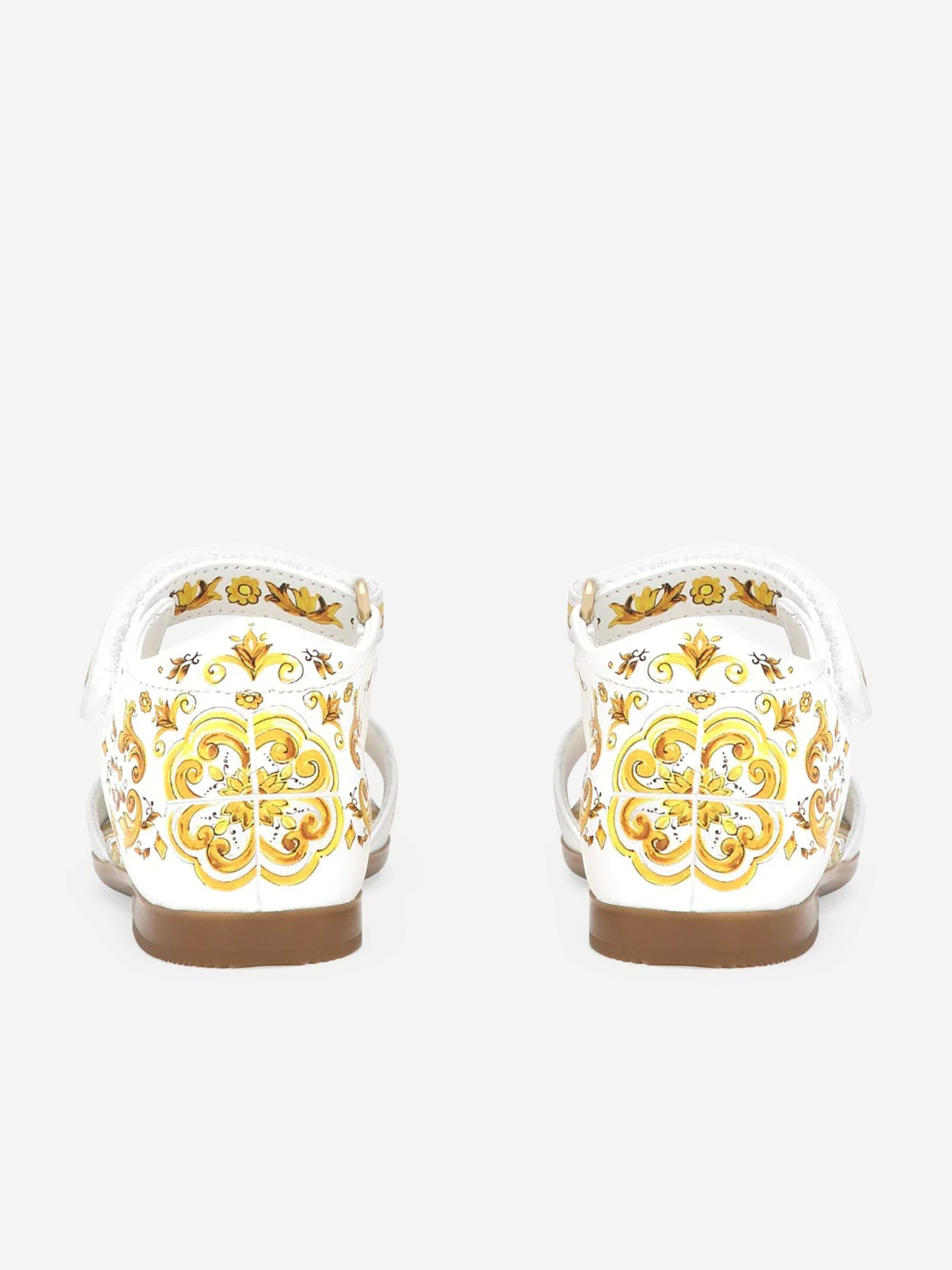 Dolce & Gabbana Girls Leather Maiolica Sandals in Yellow