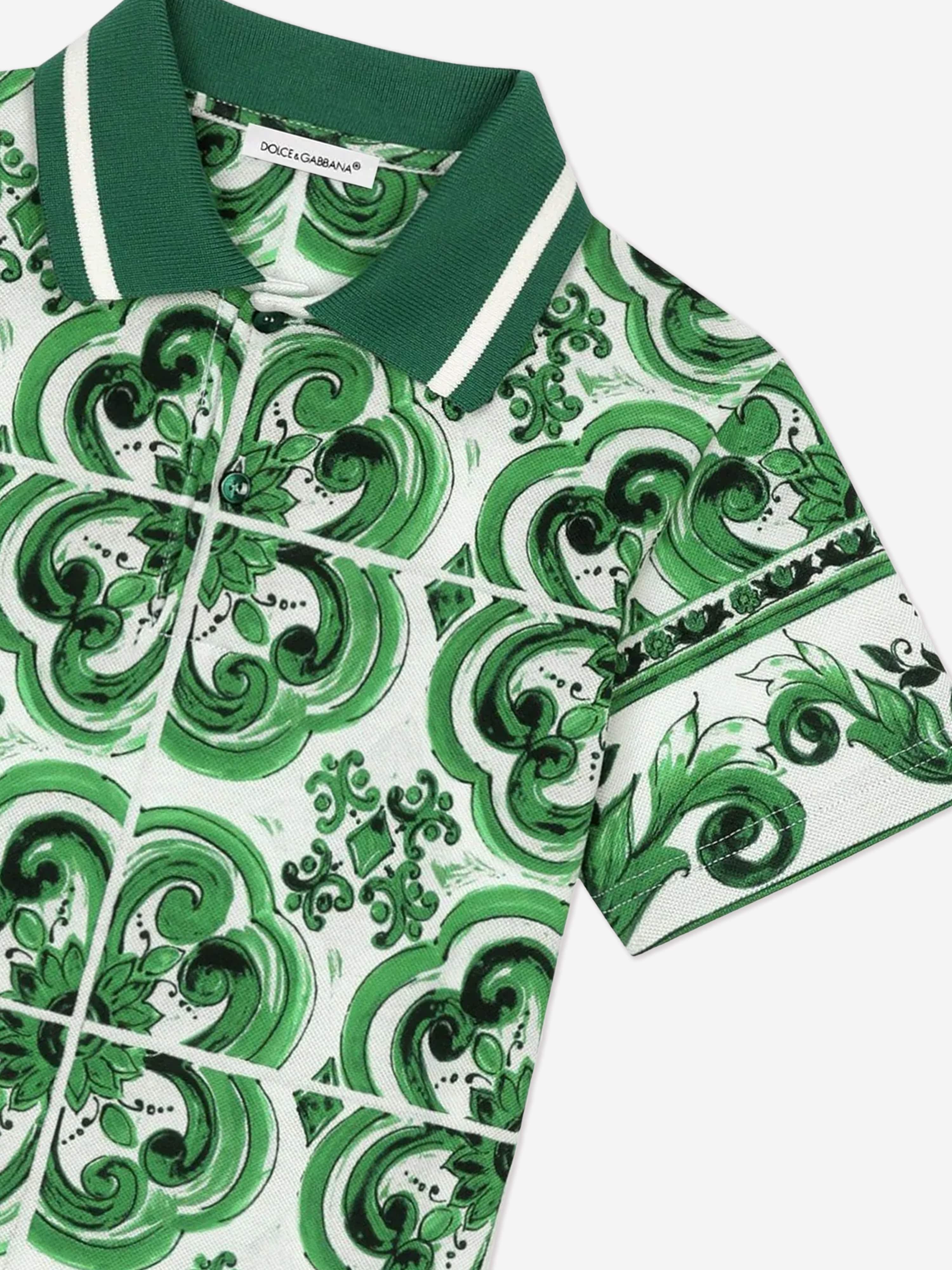 Dolce & Gabbana Boys Maiolica Print Polo Shirt in Green
