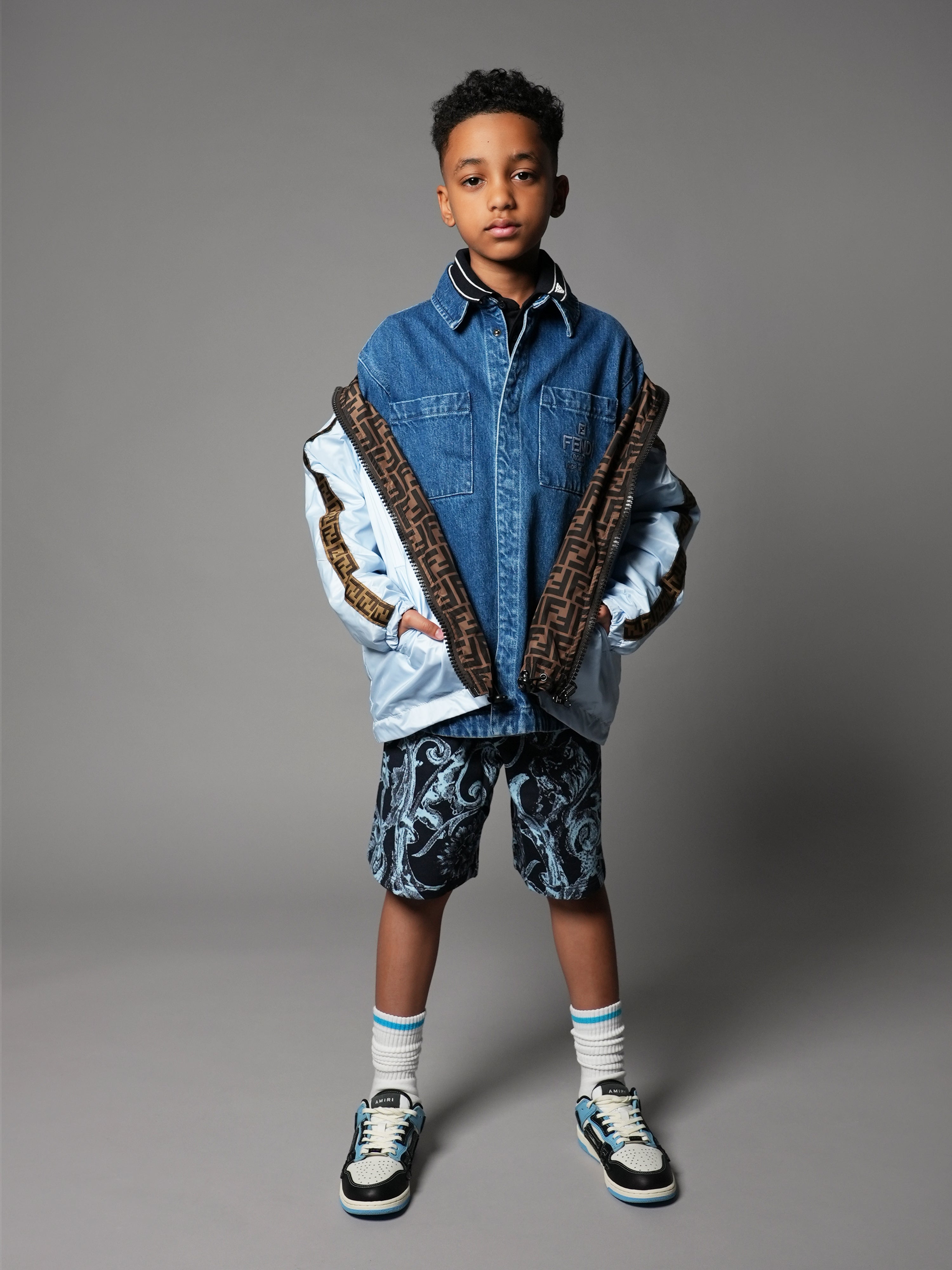 Kids FF Logo Denim Overshirt in Blue