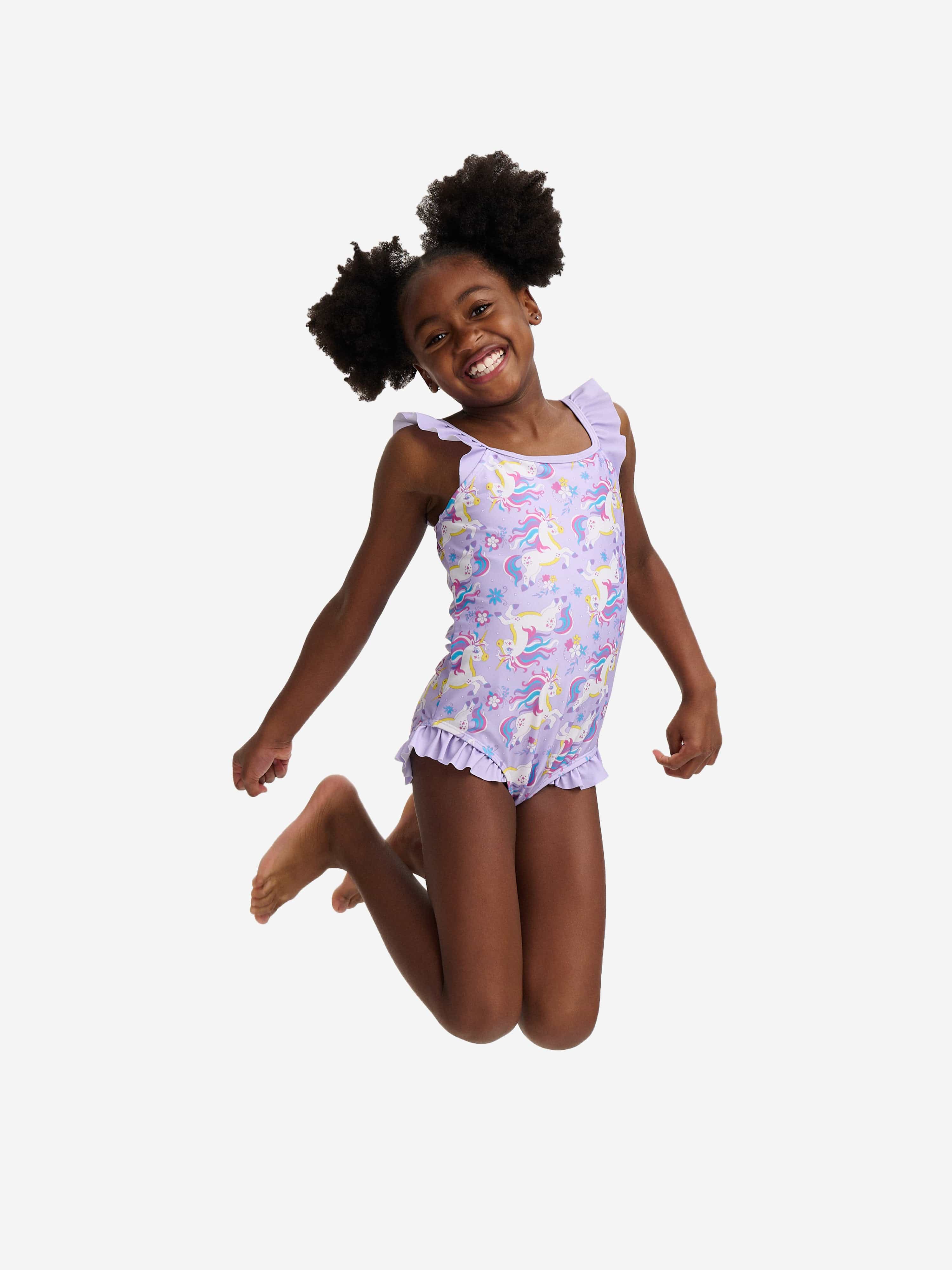 Soli Swim Girls Unicorn Frill Swimsuit (UPF50+) in Purple