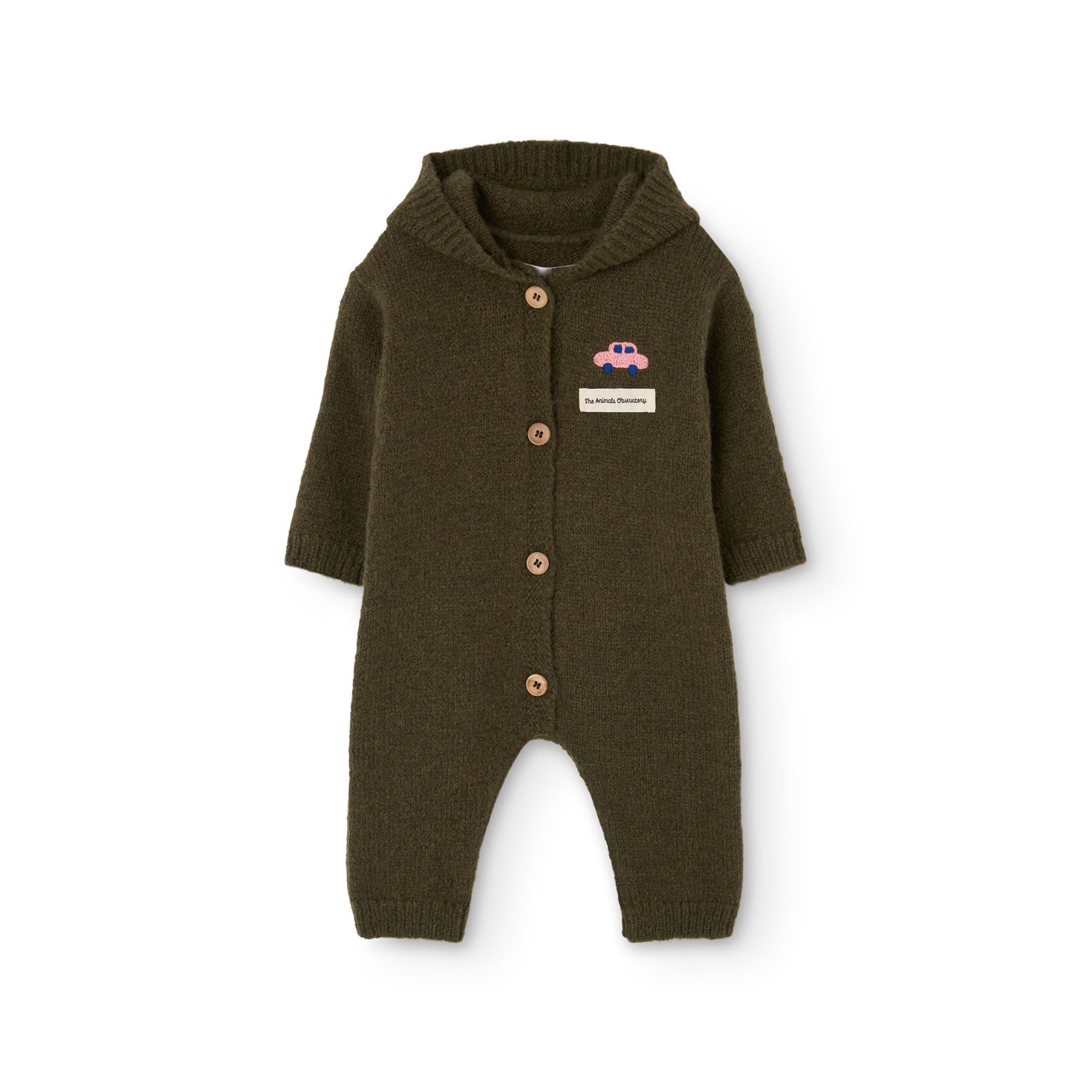 Grenouillère bébé unisexe en tricot vert foncé à capuche