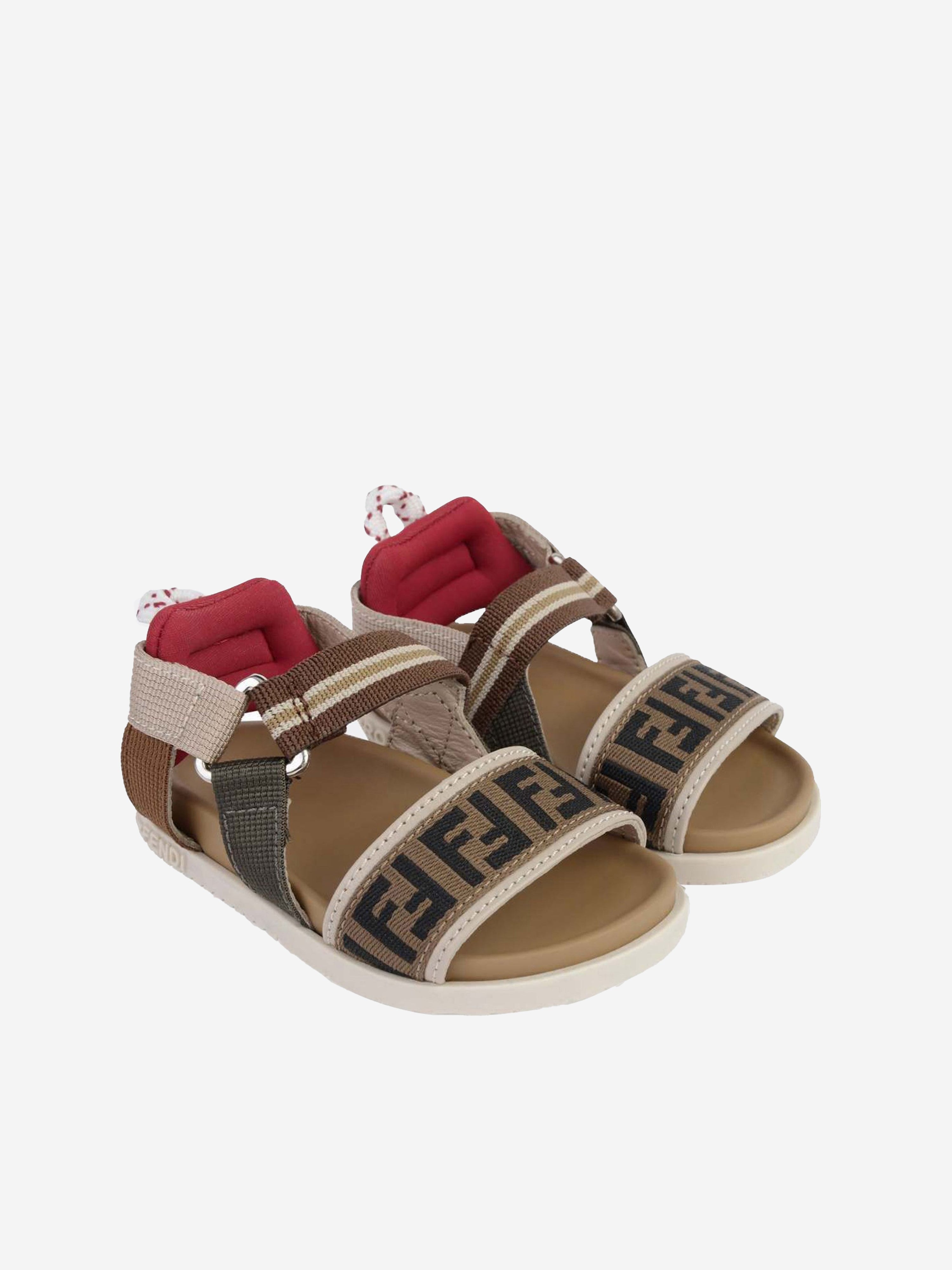 Kids Leather And Fabric FF Logo Sandals in Beige