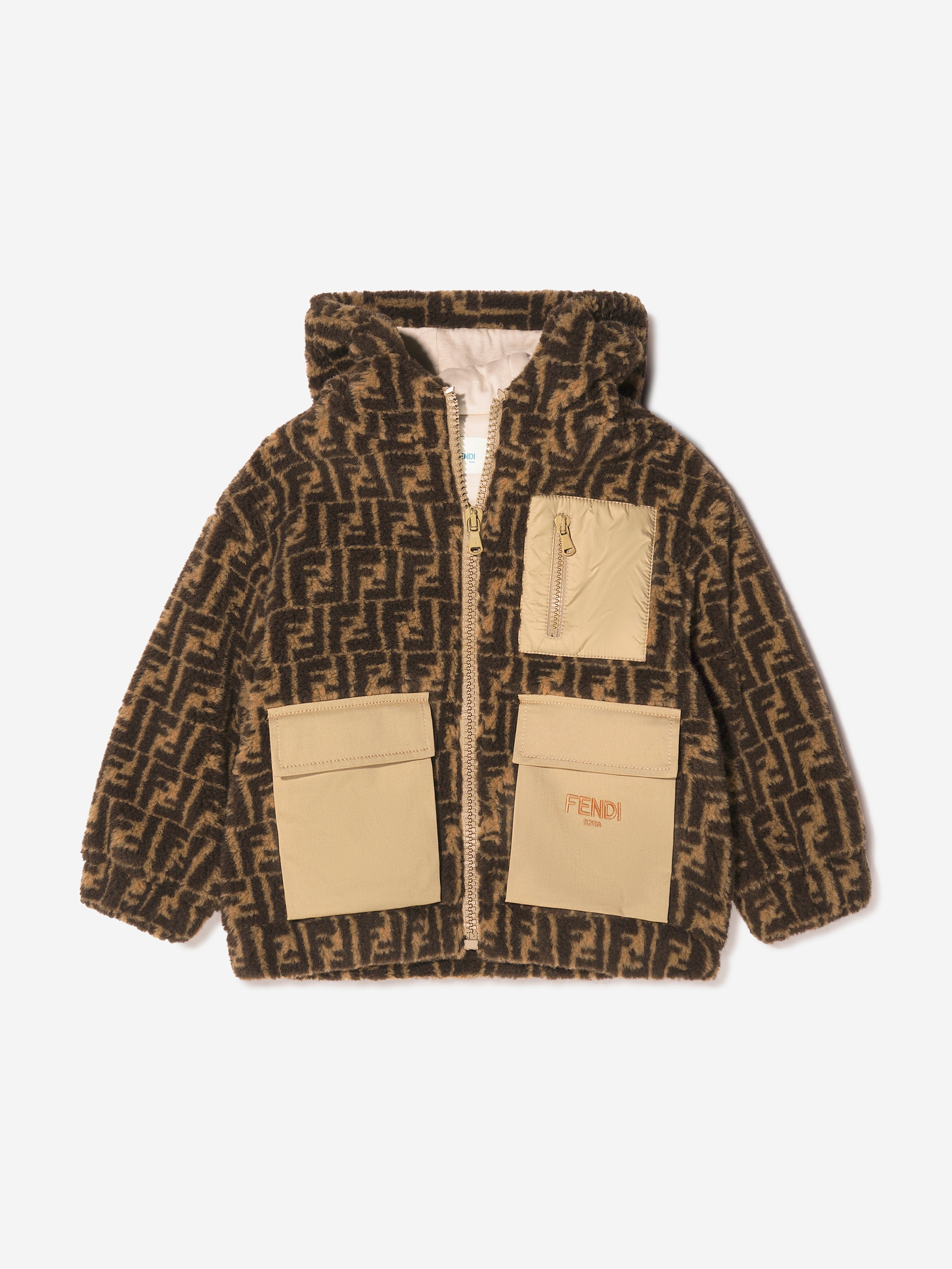 Kids FF Logo Sherpa Jacket in Brown