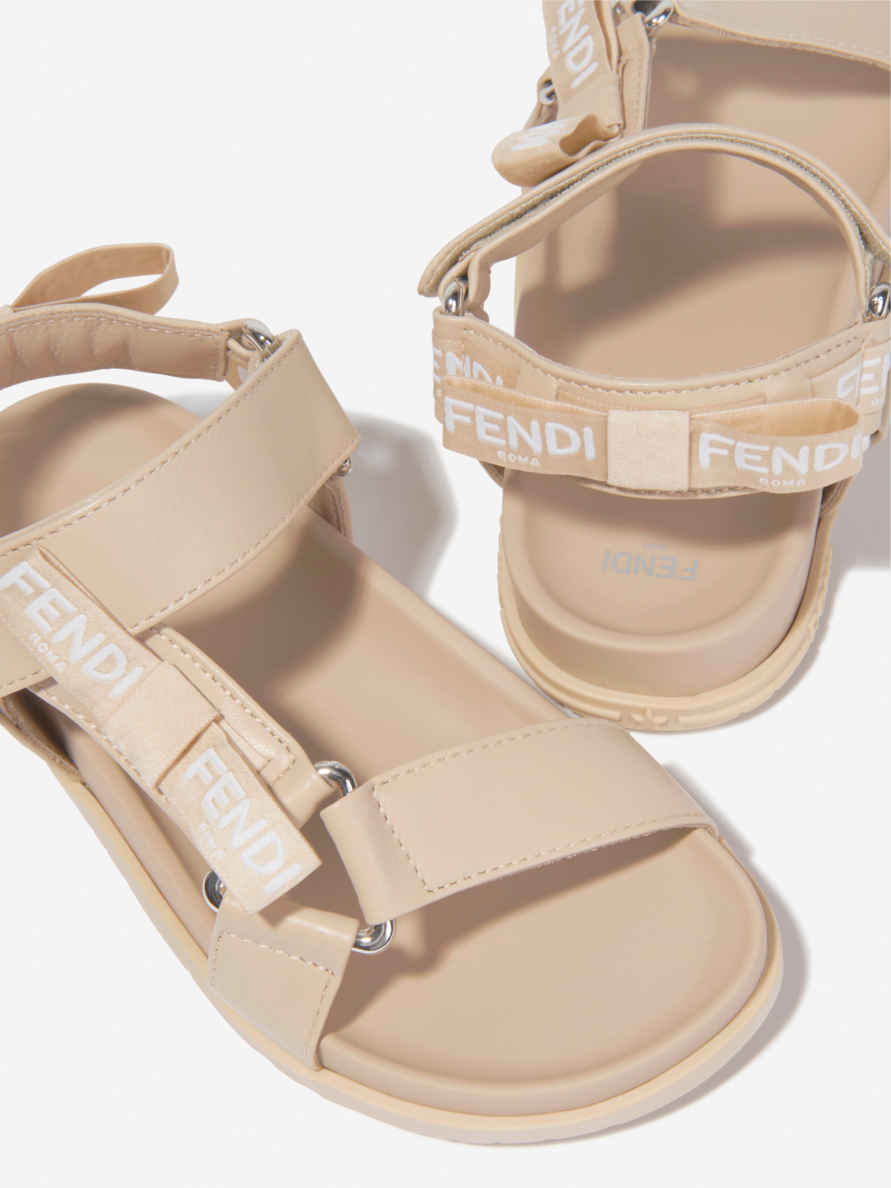 Girls Leather Jacquard Logo Sandals in Beige