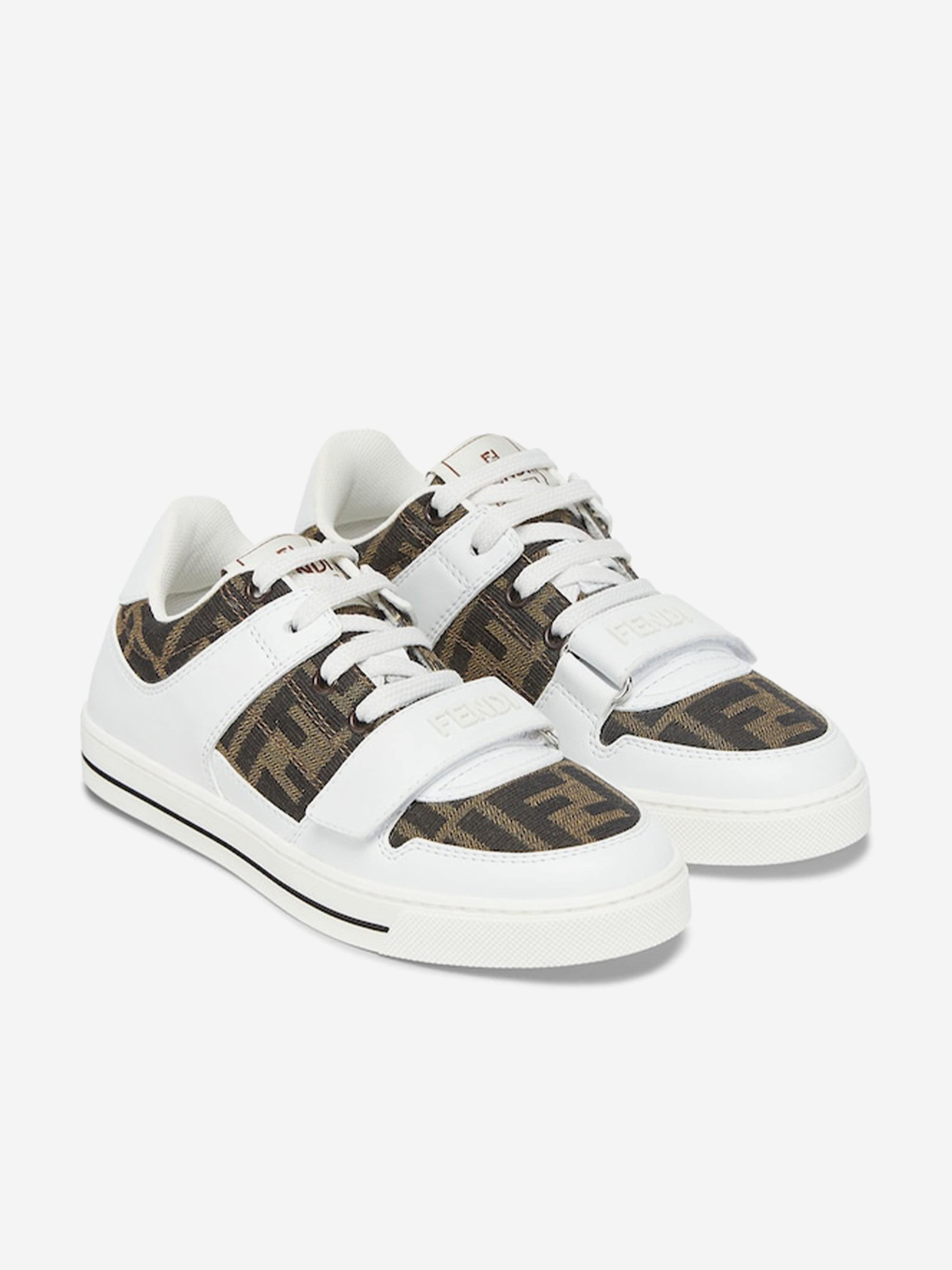 Kids Leather Jacquard Logo Trainers in White