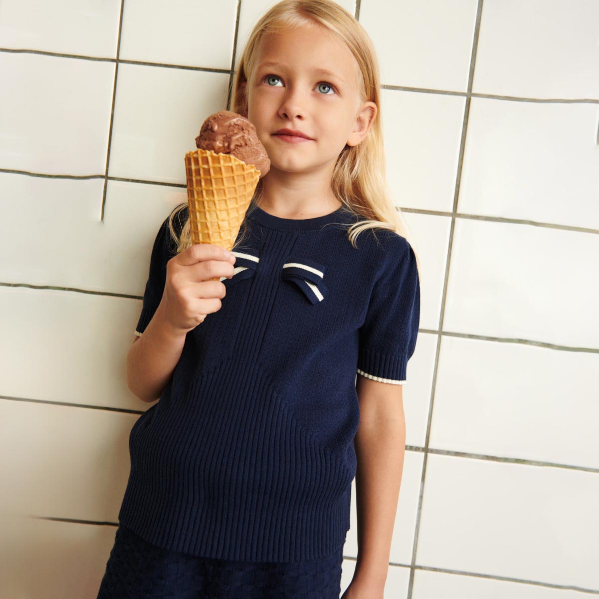 Girls Dark Blue Knit Cotton T-Shirt