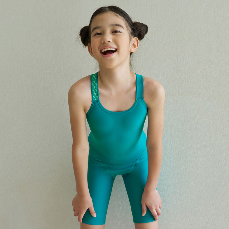 Girls Peacock Green Cropped Professional Swimsuit