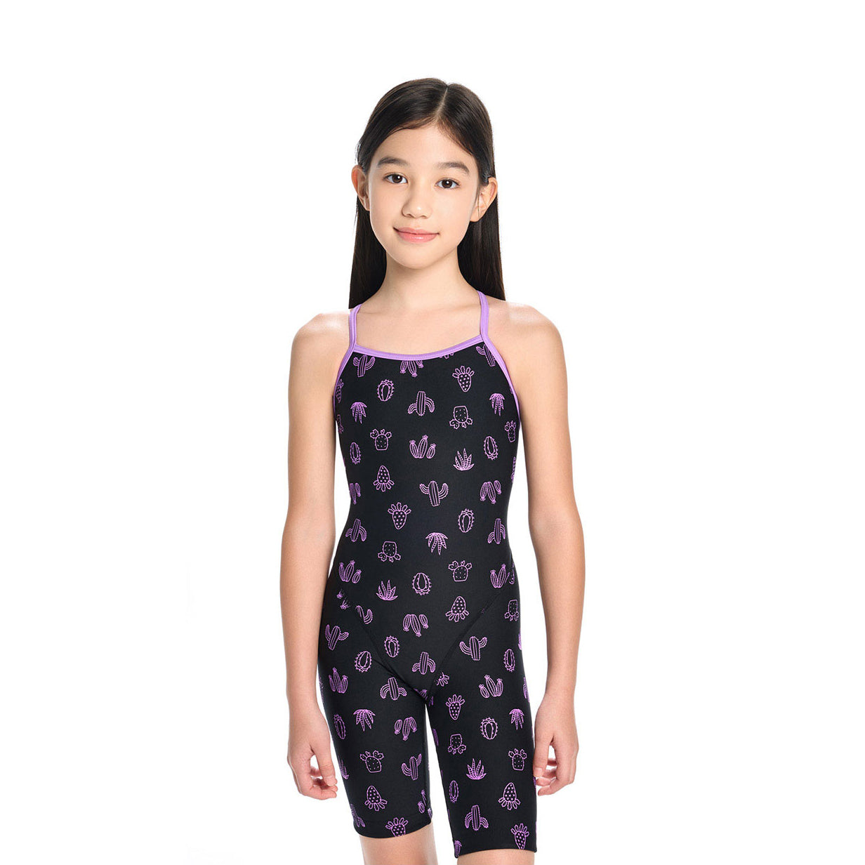 Girls Black Printed Cropped Professional Swimsuit