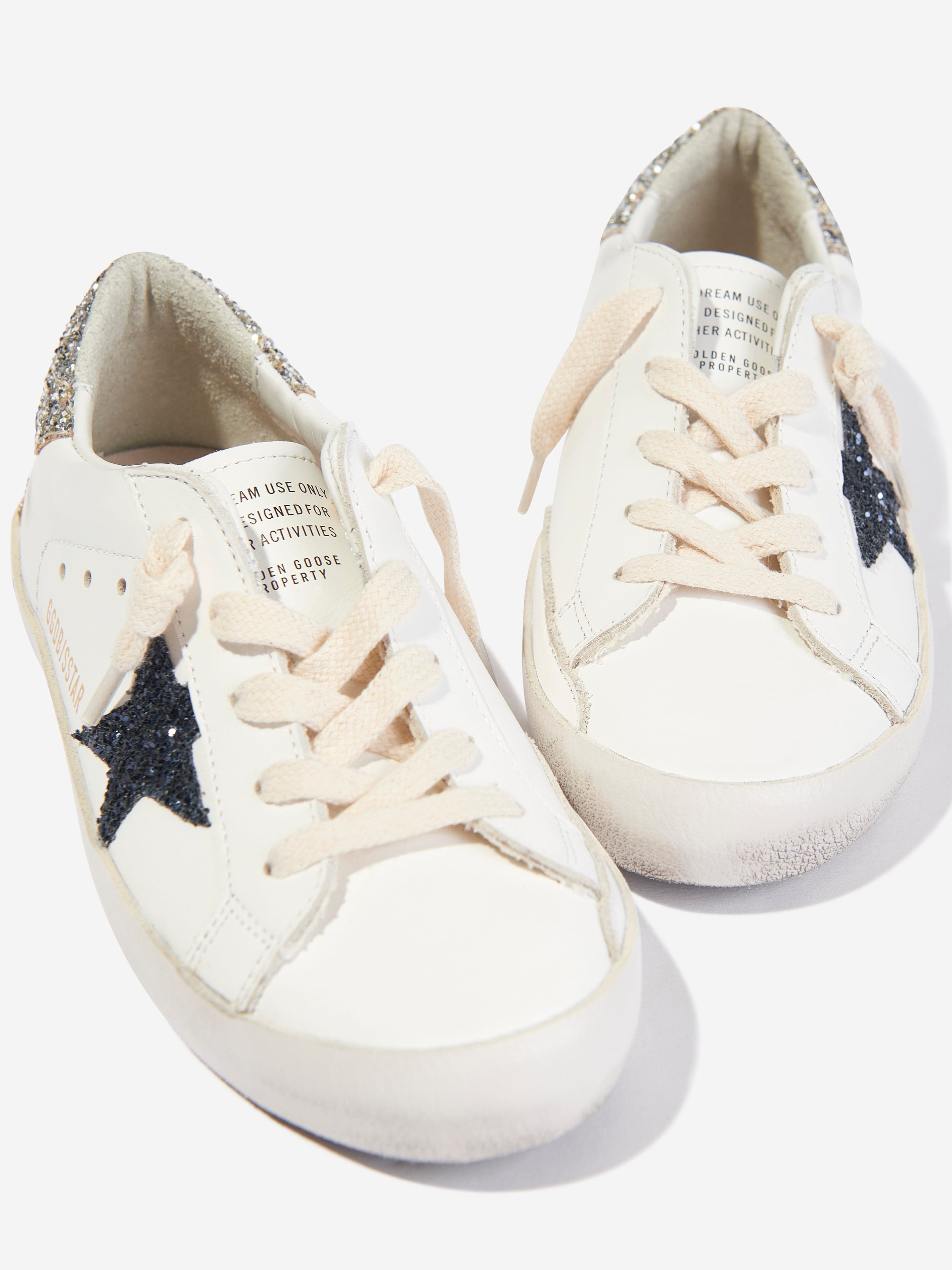Golden Goose Girls Leather and Glitter Super Star Trainers in White