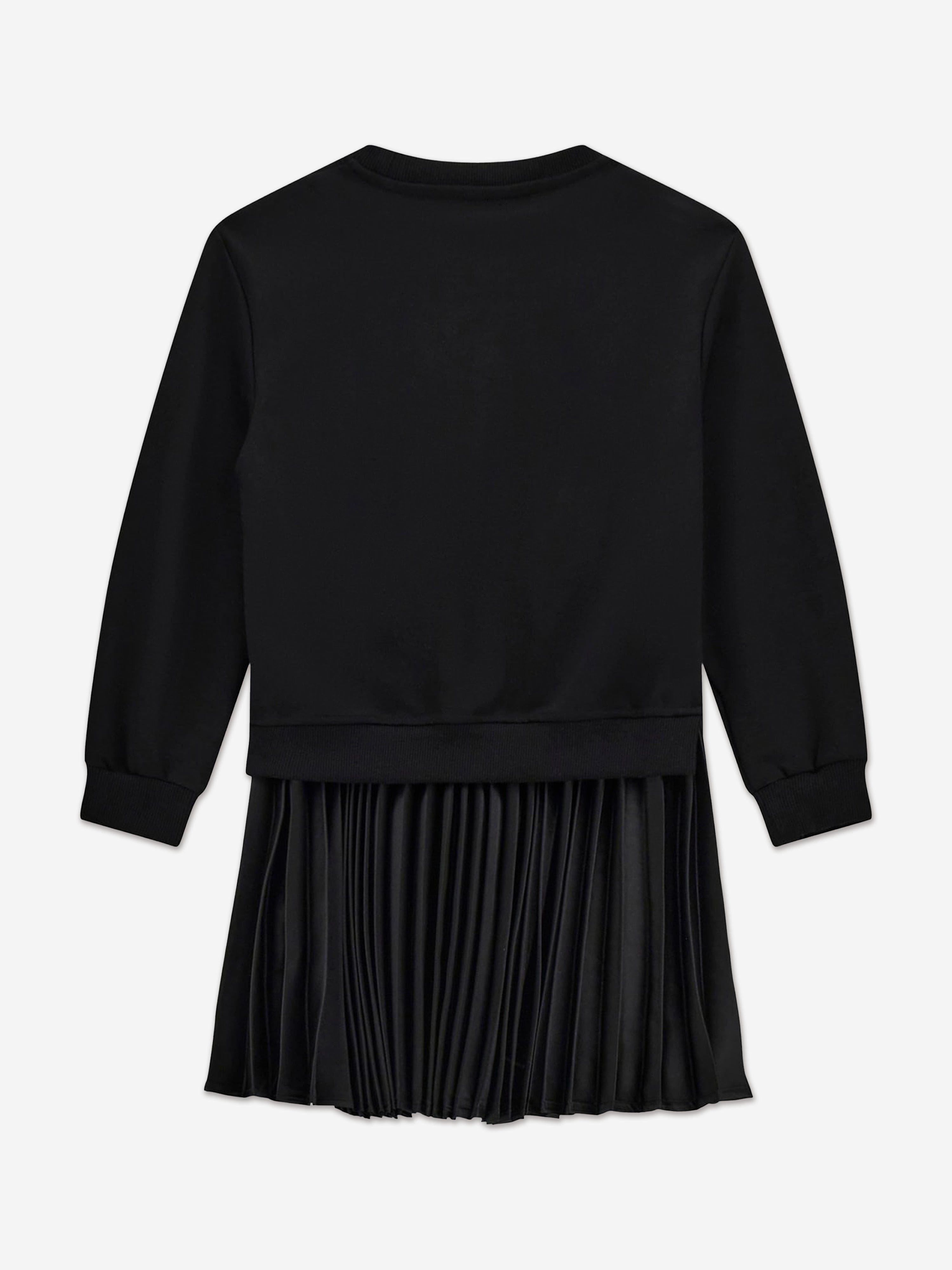 Girls Mixed Fabric Pleated Dress in Black