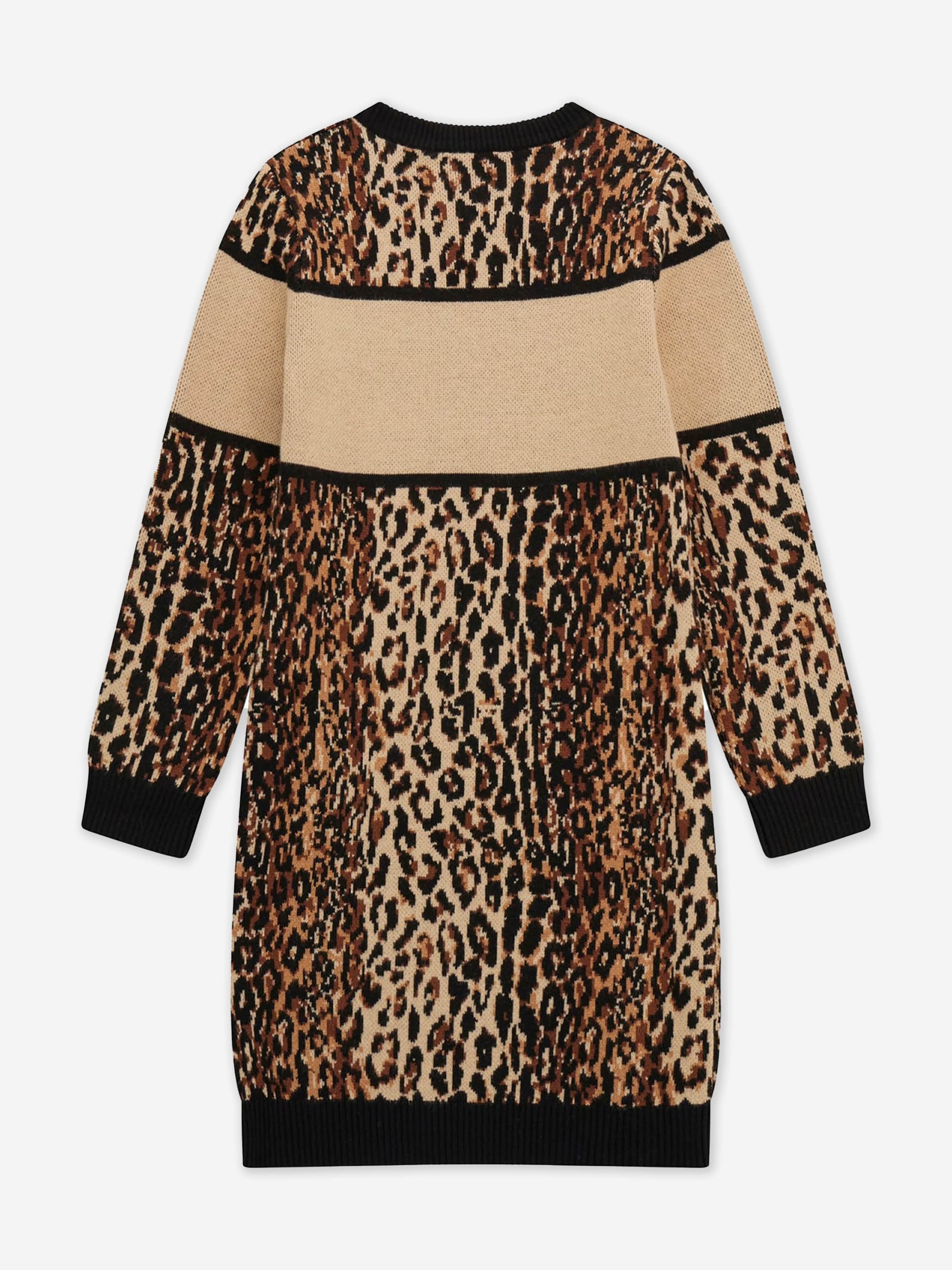 Girls Leopard Print Sweater Dress in Brown