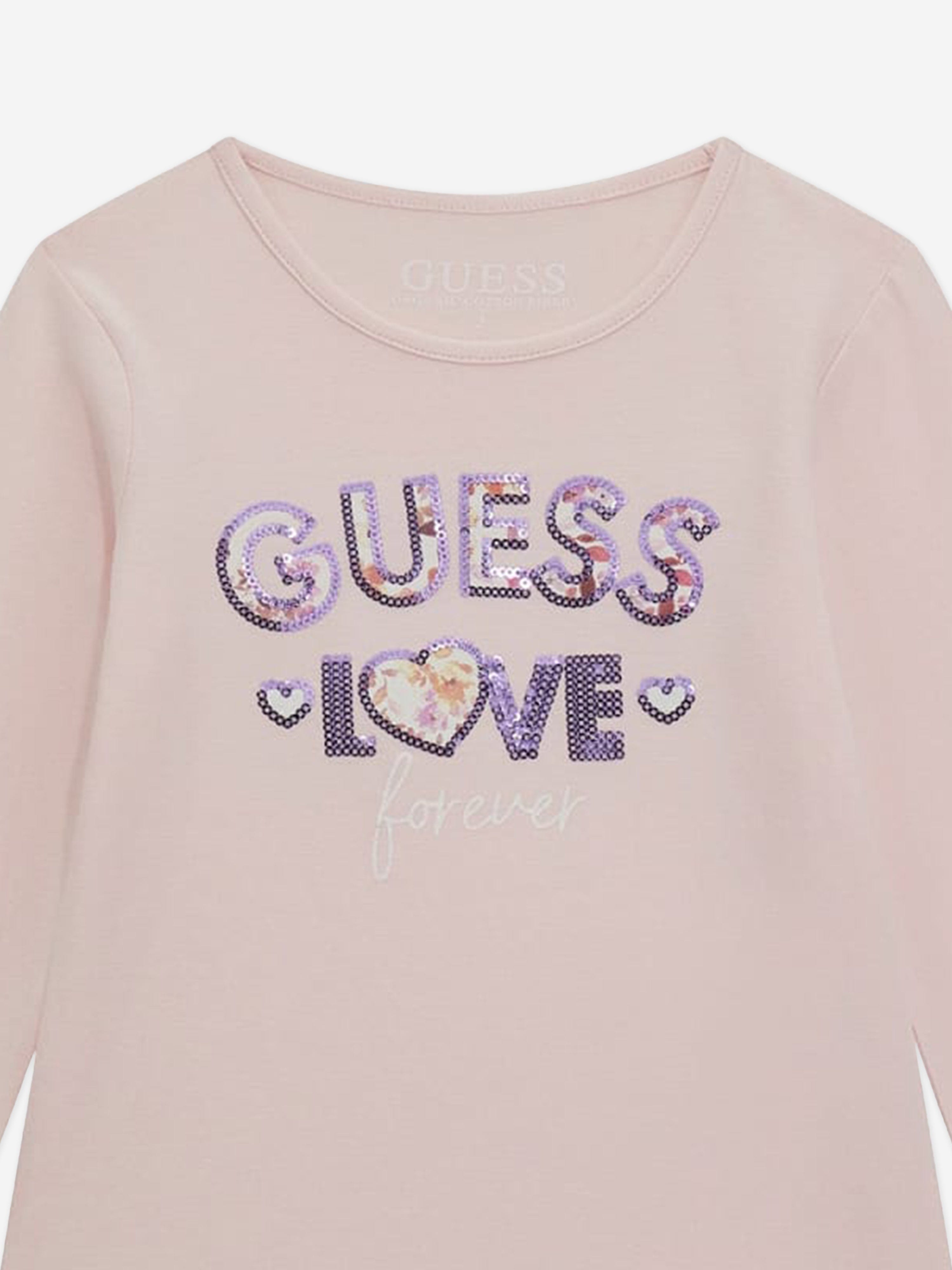 Guess Girls Long Sleeve Logo T-Shirt in Pink