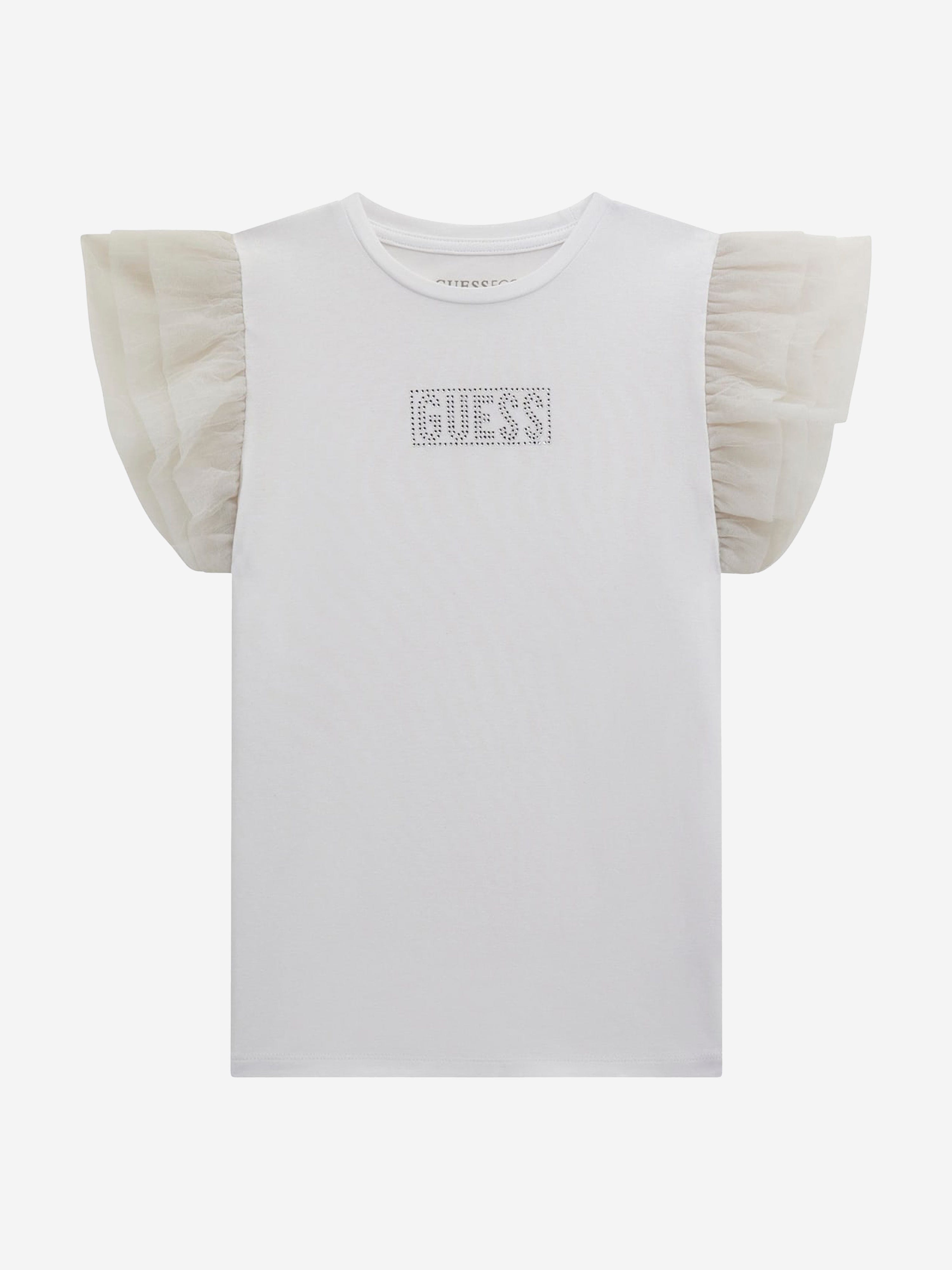 Girls Tulle Sleeve T-Shirt in White