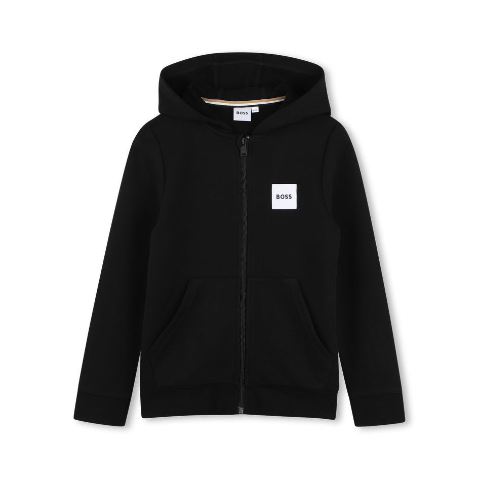 Boys Black Hooded Cotton Zip-Up Top