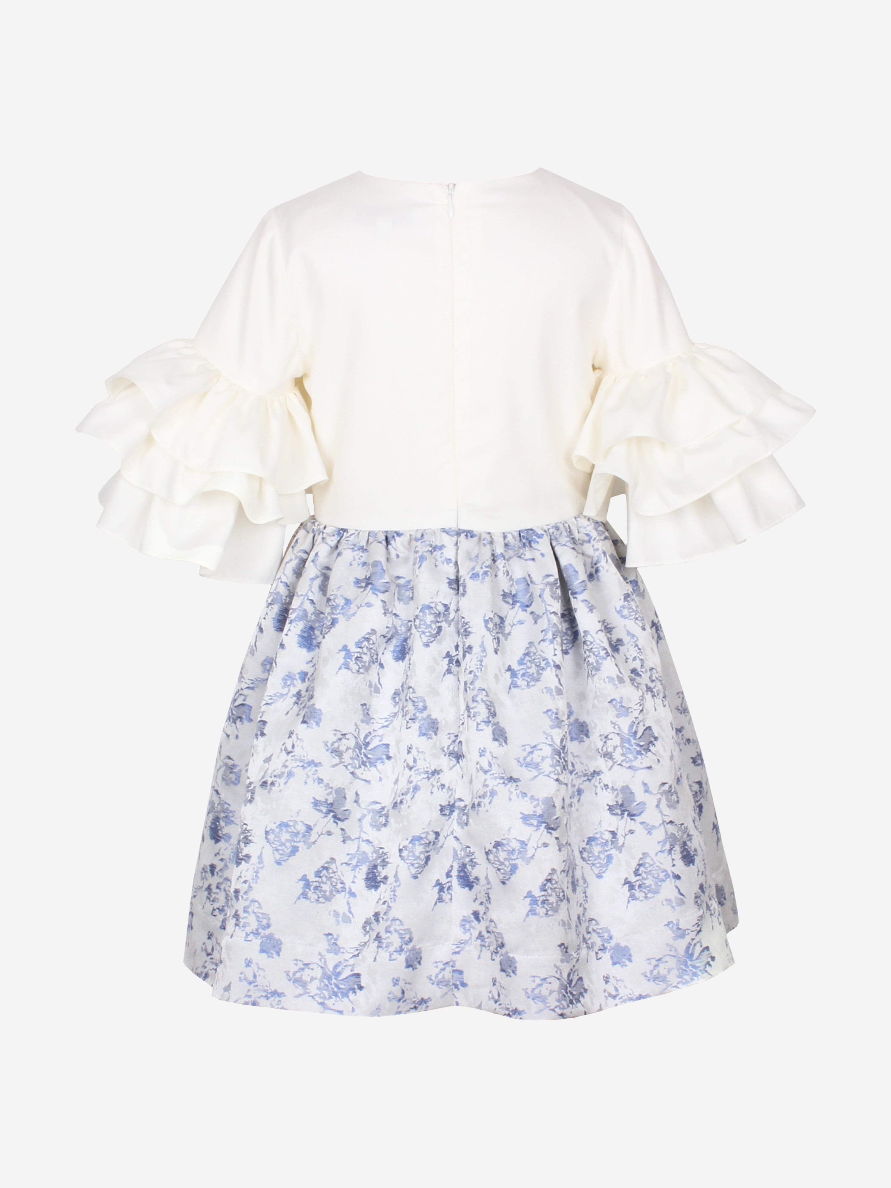 Girls Floral Jacquard Flutterby Ruffle Dress In Blue