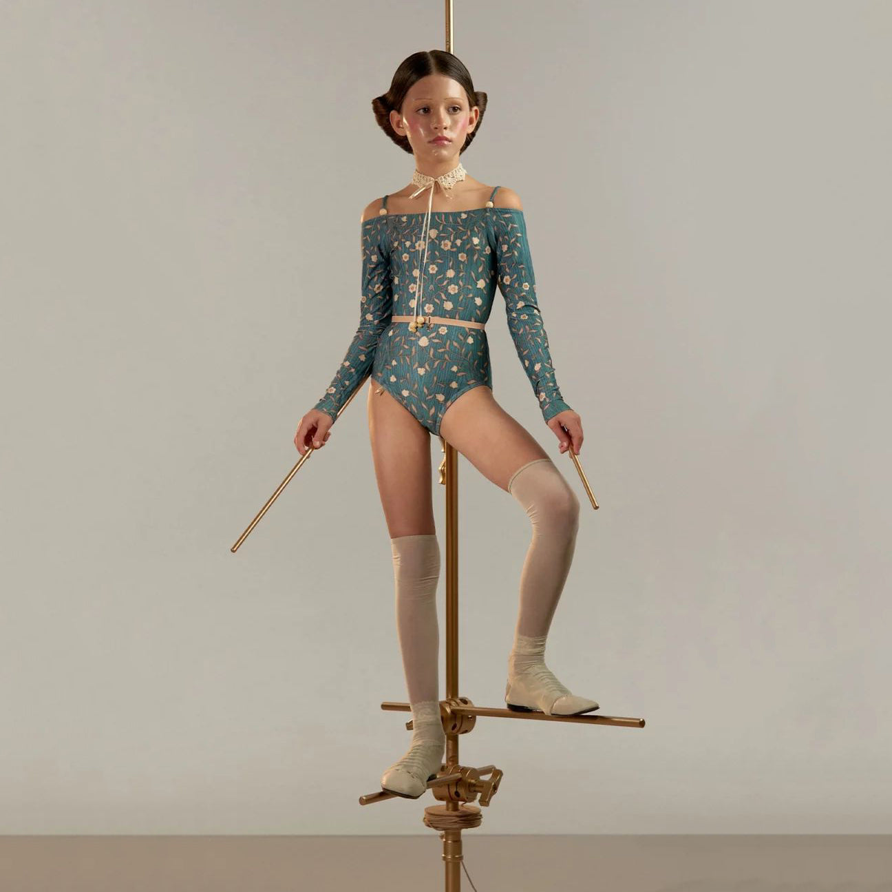 Girls Blue"ROSEWOOD INTARSIA"Long Sleeves Ballet Onesies(J251LE23VL/petrol)