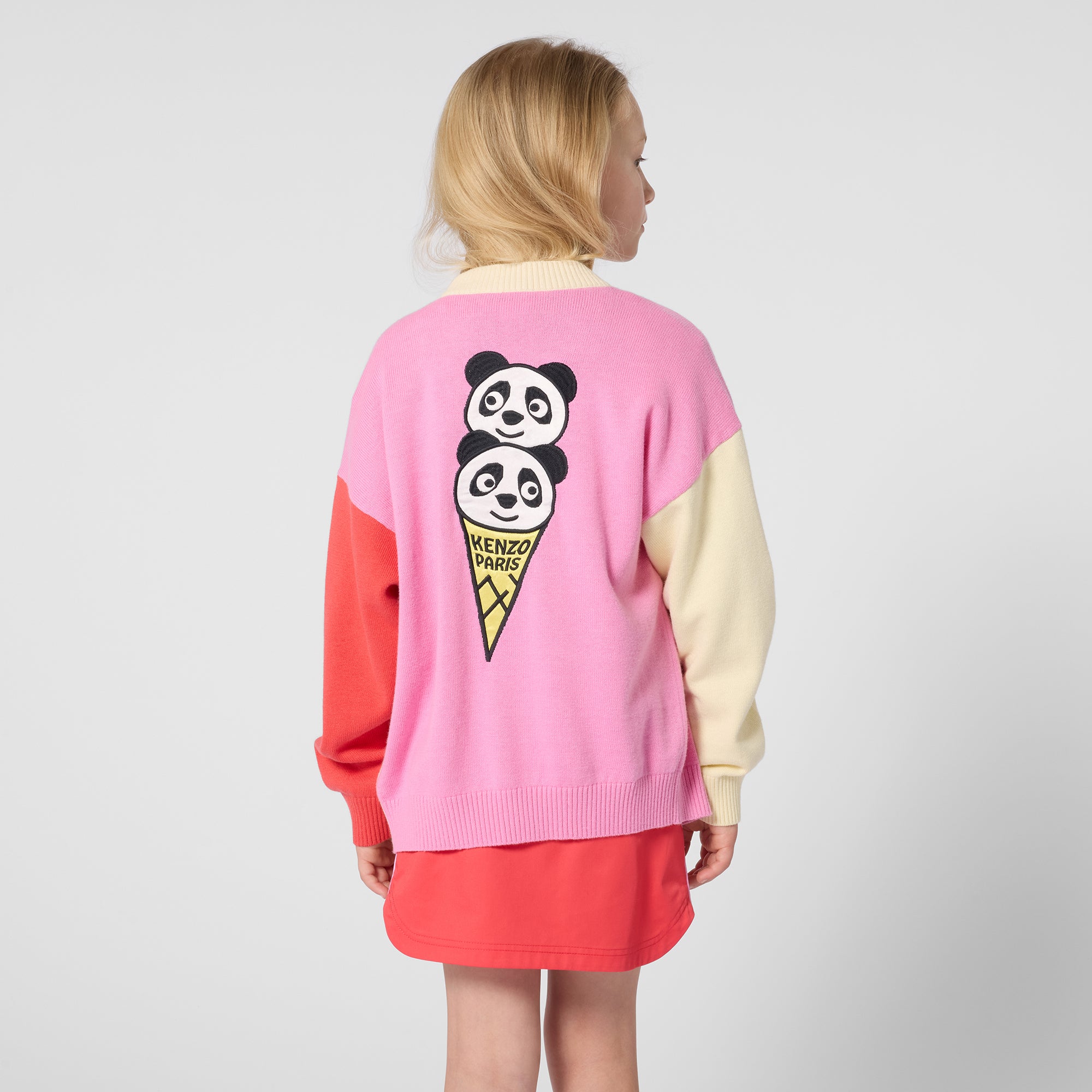 Cardigan en coton tricoté brodé panda et crème glacée multicolore pour filles