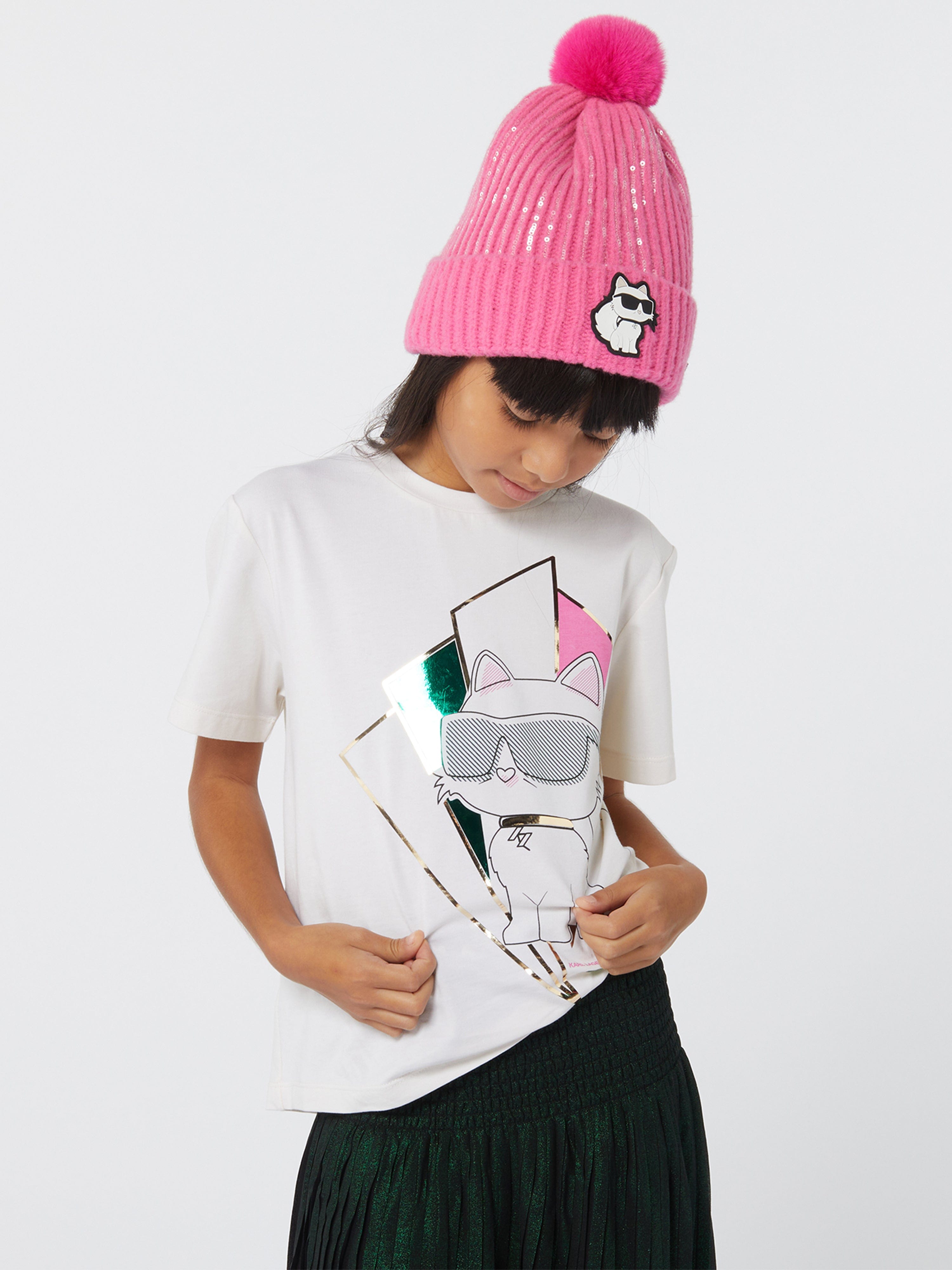 Karl Lagerfeld Girls Choupette Print T-Shirt in Ivory