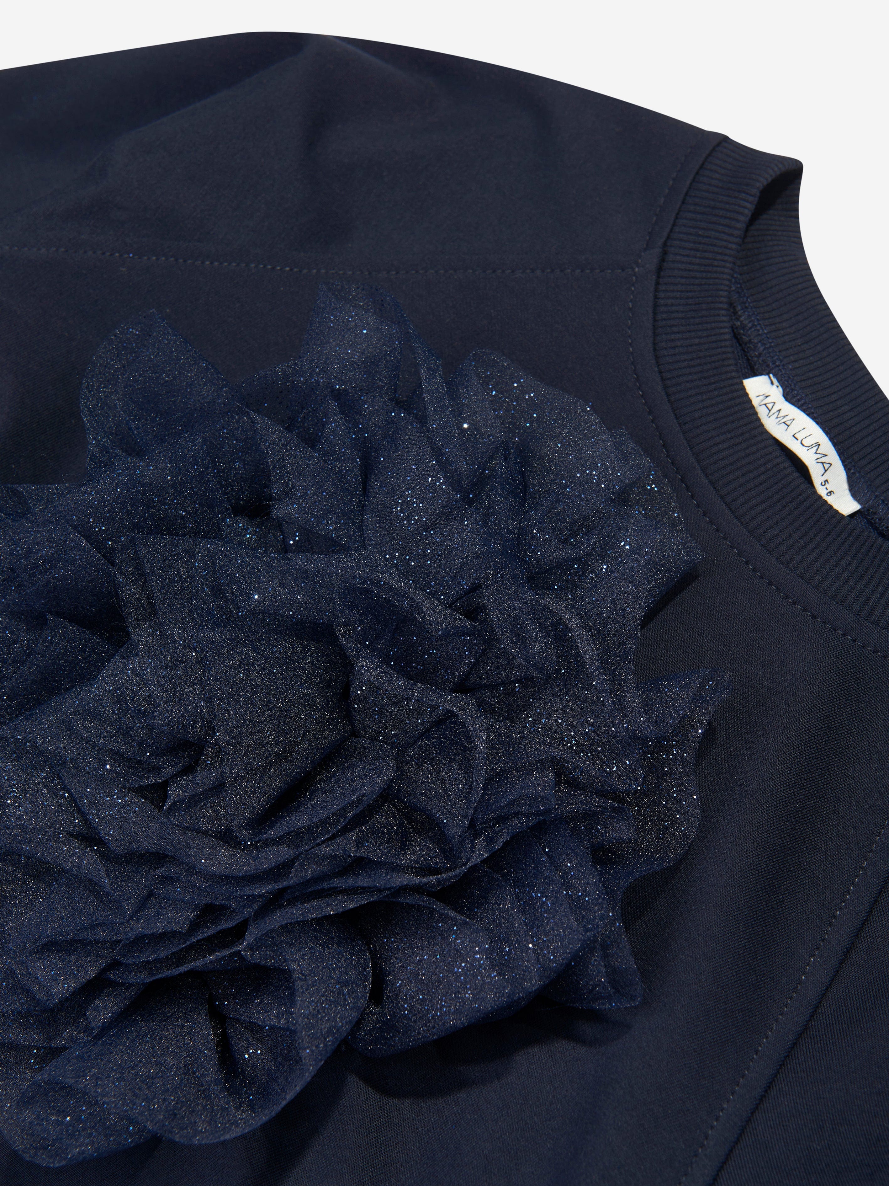 Mama Luma Girls Organza Flower Sweatshirt in Navy