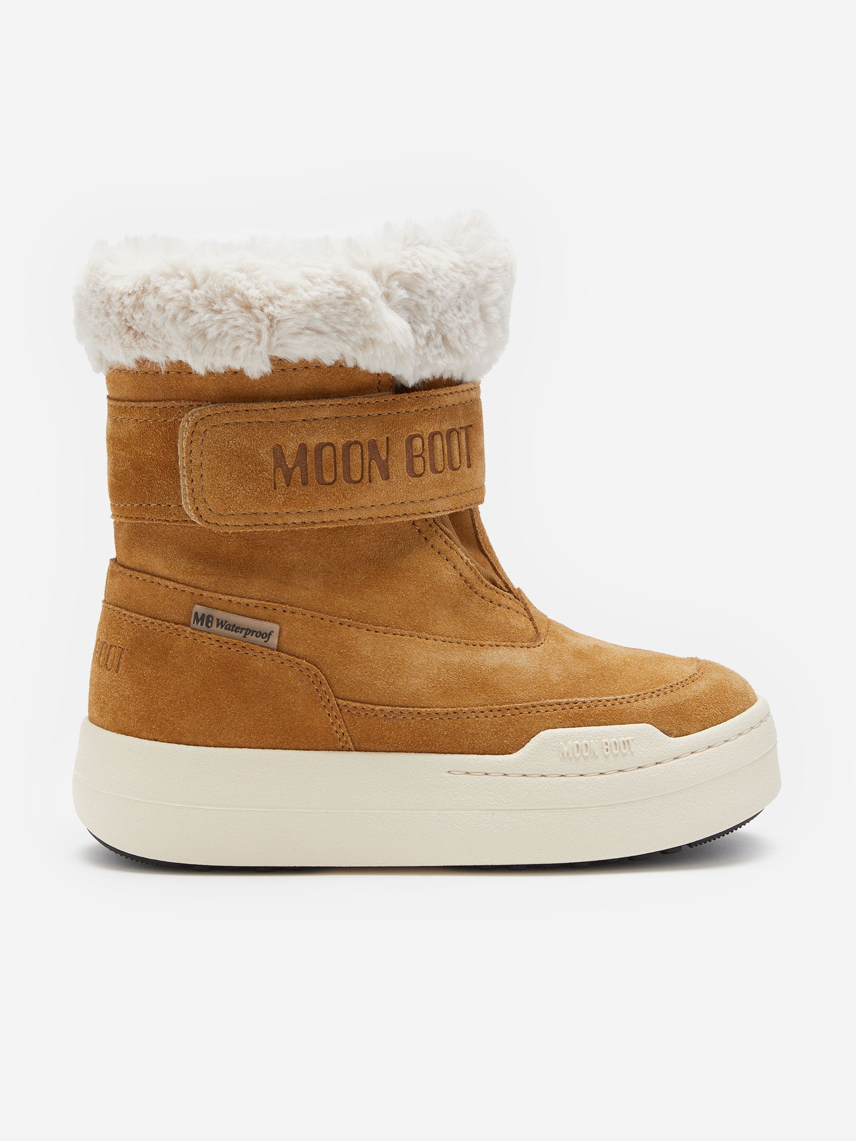 Moon Boot Girls JR Strap Suede Boots in Beige
