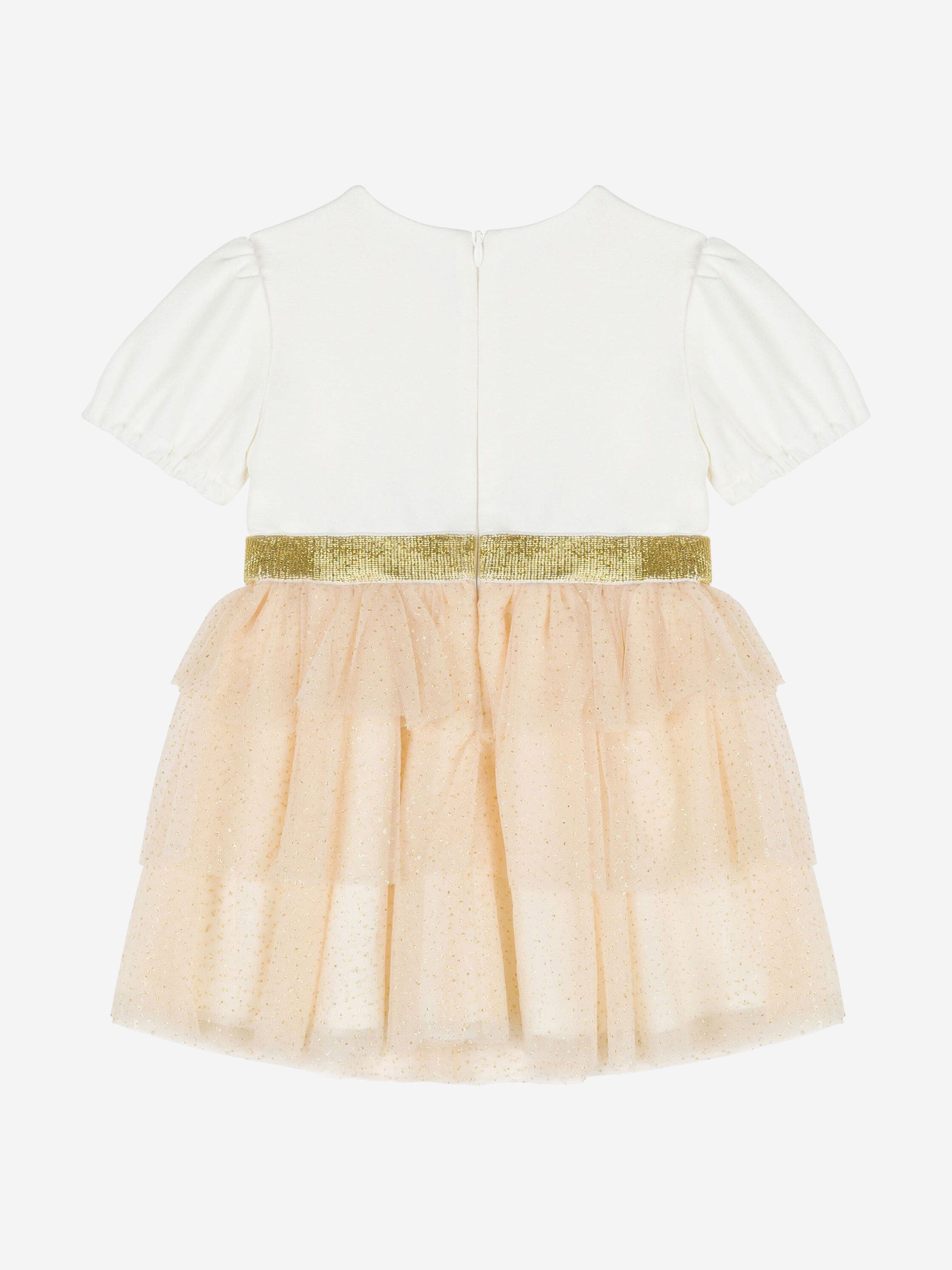 Moschino Baby Girls Bear Logo Ruffle Dress in Ivory