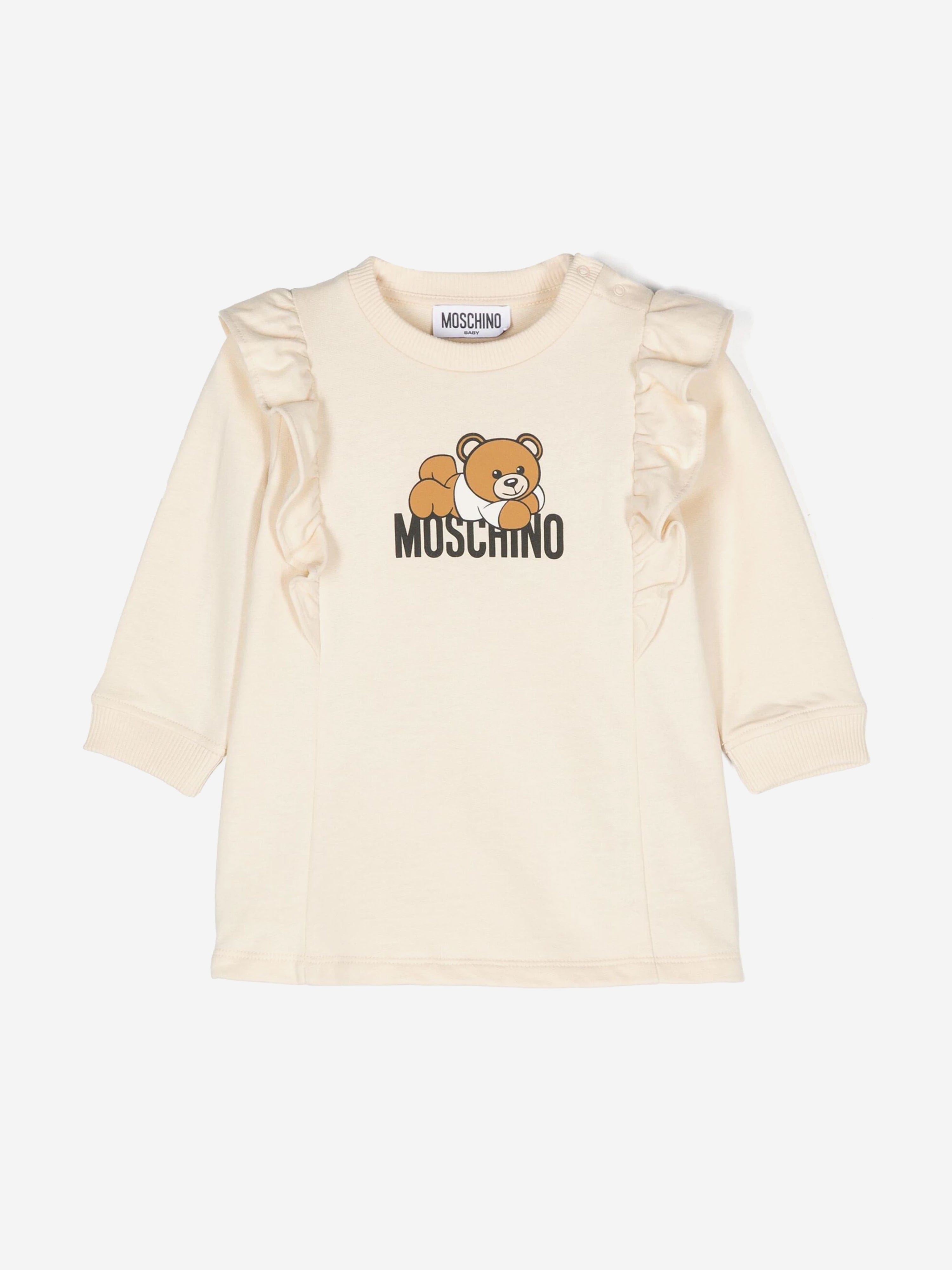 Moschino Baby Girls Bear Logo Dress With Gift Box in Beige