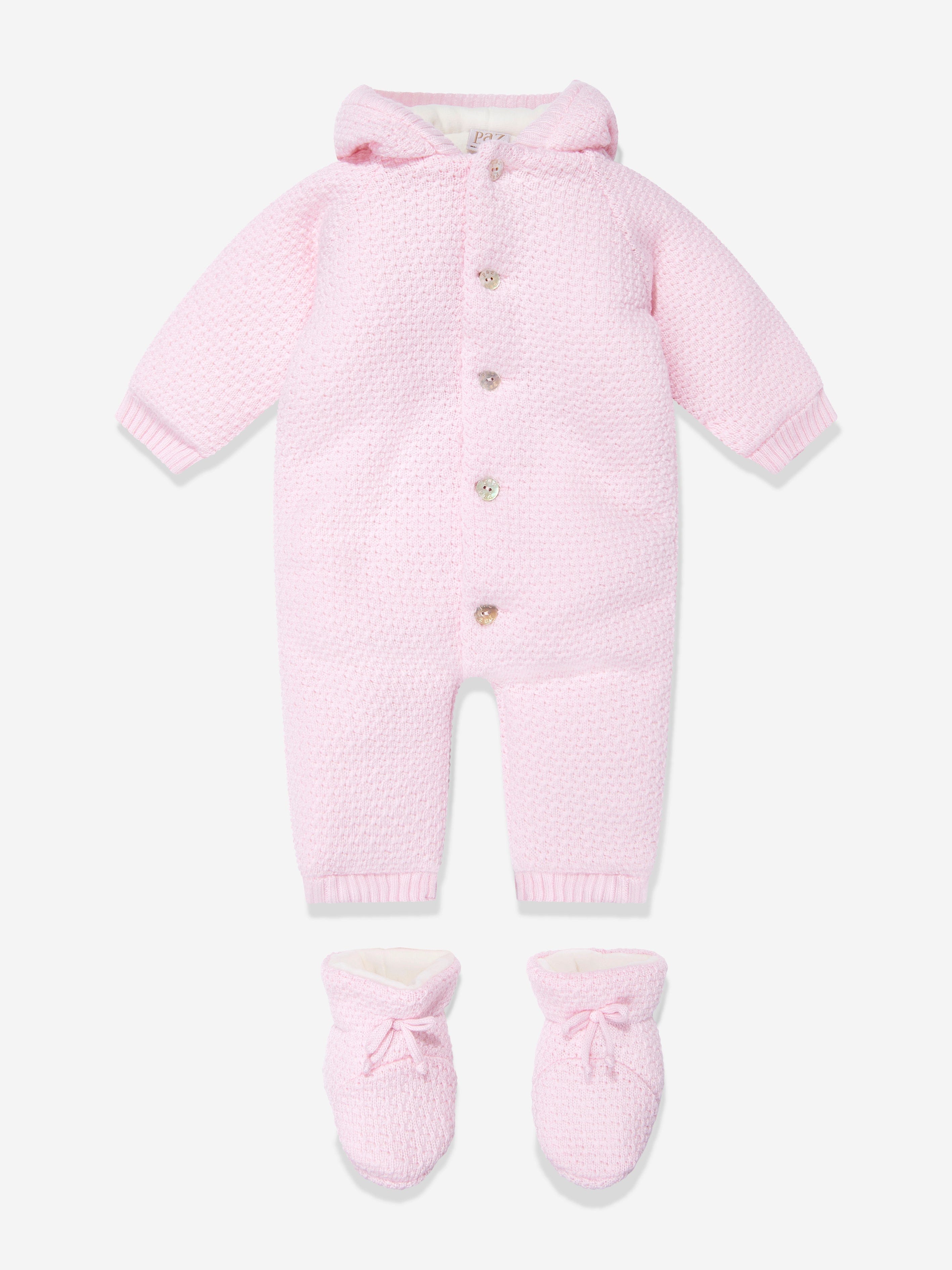Baby Girls Wool Pramsuit With Booties in Pink