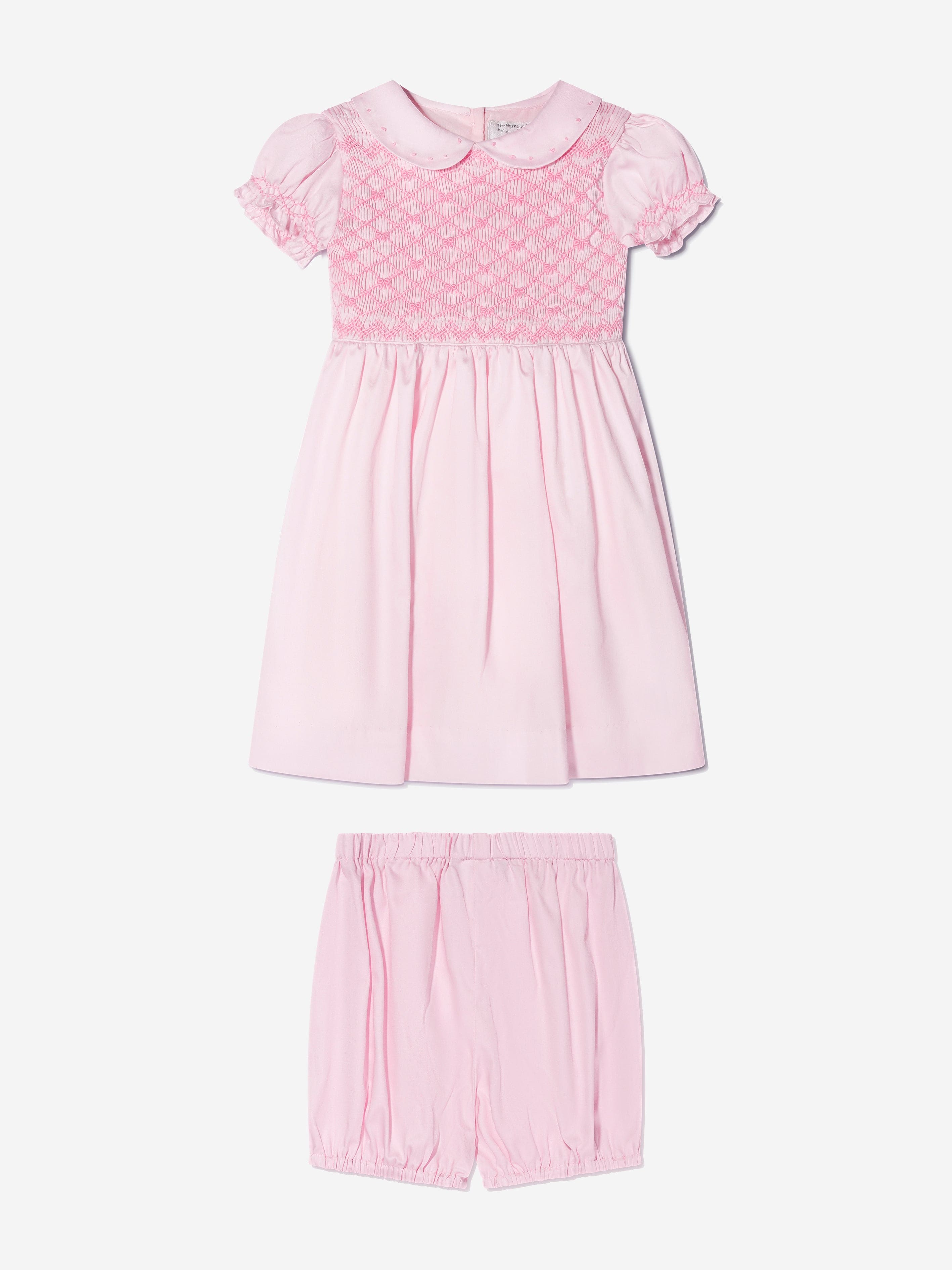 Rachel Riley Baby Girls Bow Smocked Dress And Bloomers in Pink