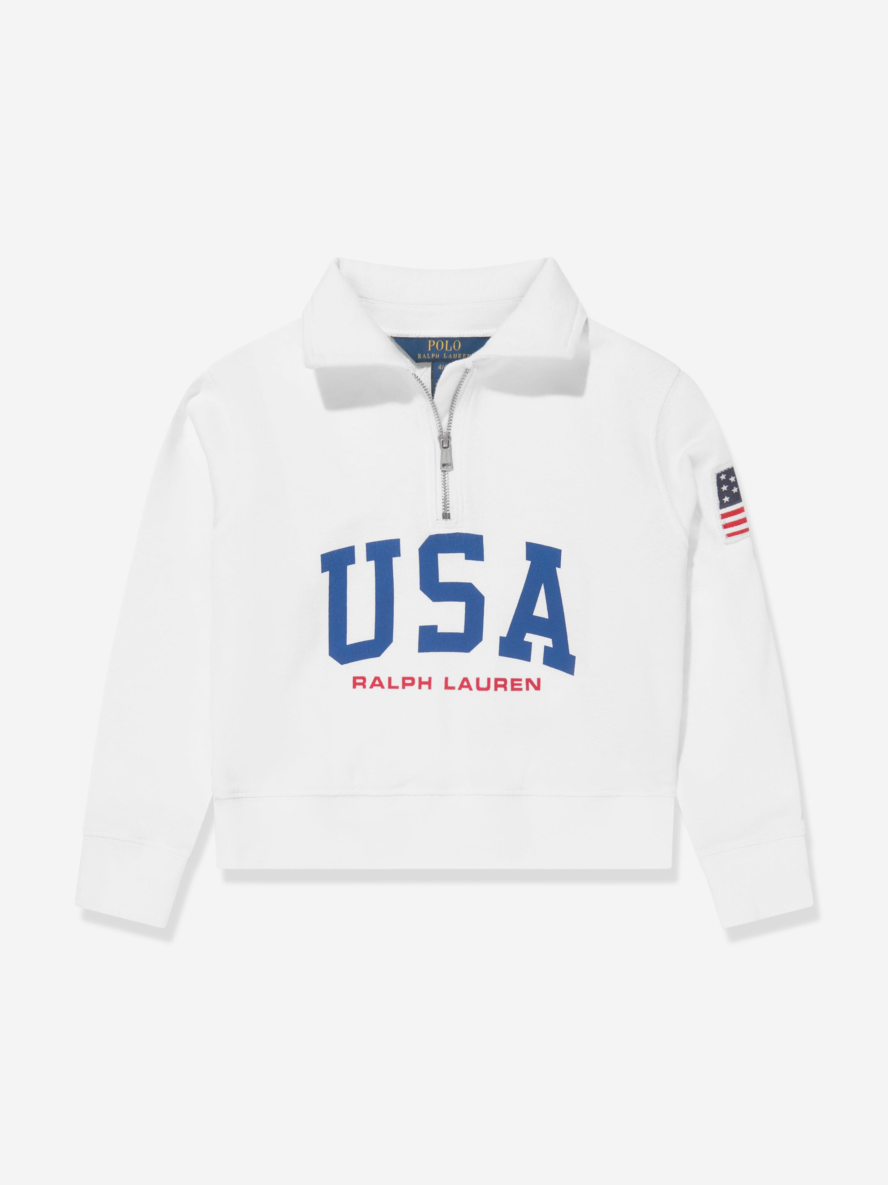 Ralph Lauren Girls USA Half Zip Sweatshirt in White