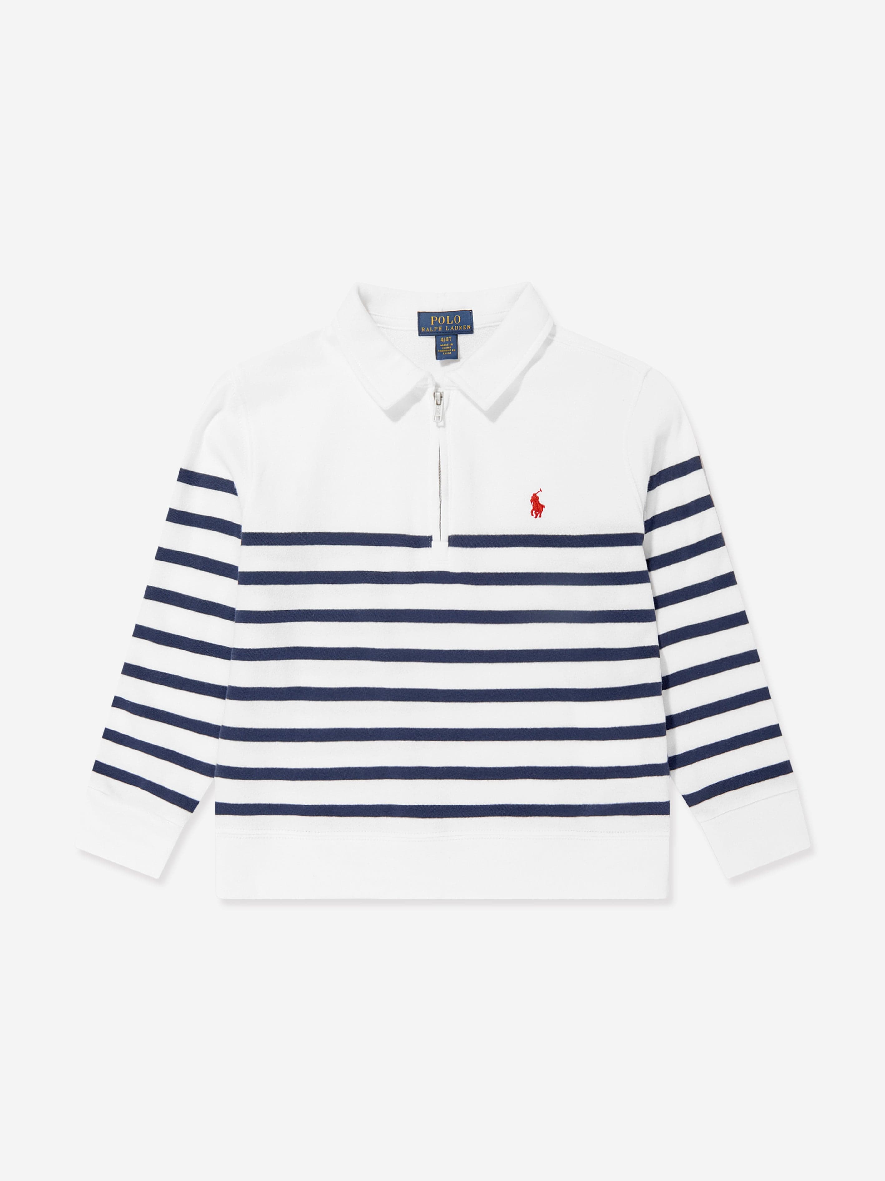 Ralph Lauren Boys Half Zip Striped Sweatshirt in White