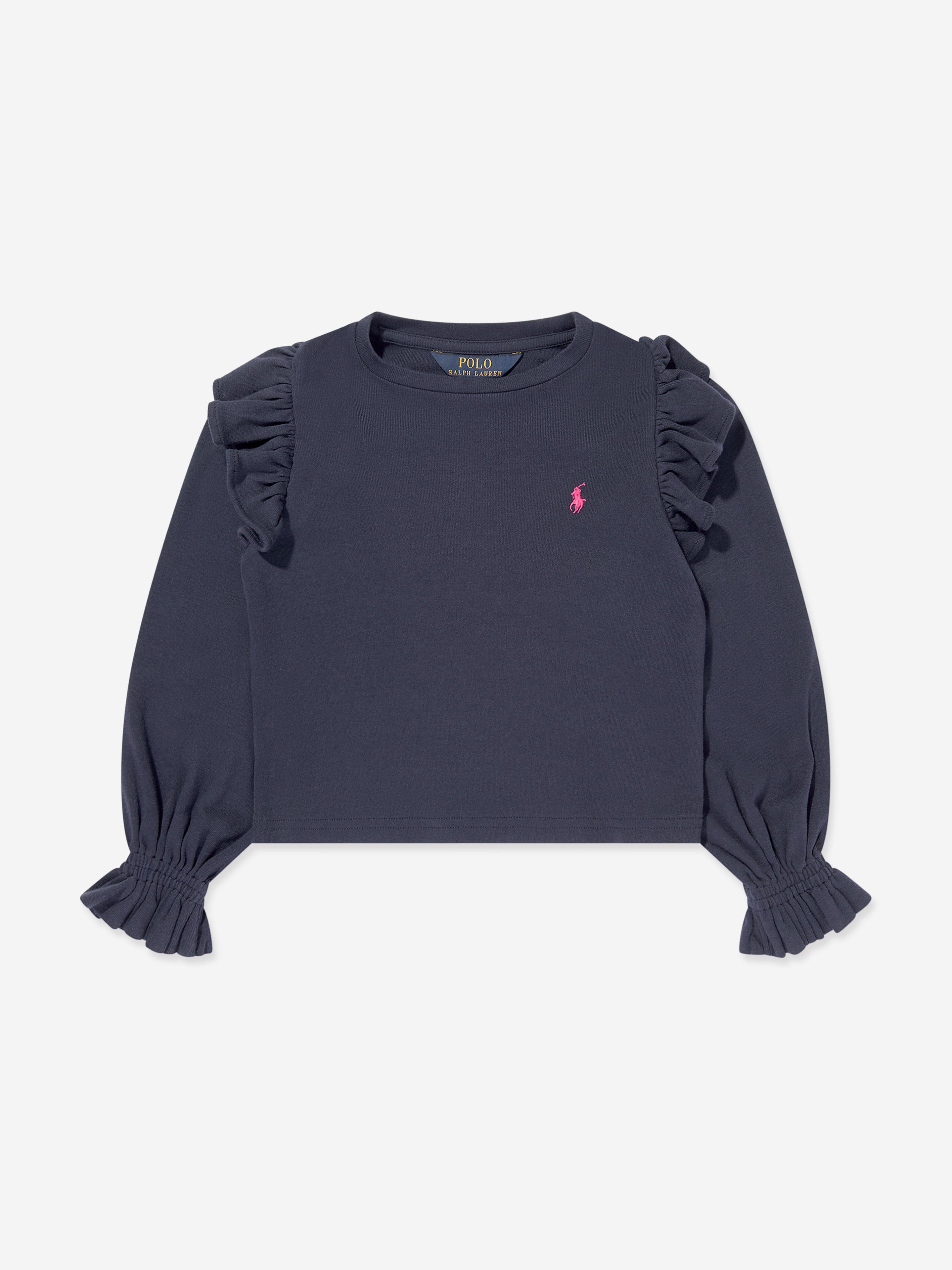 Ralph Lauren Girls Long Sleeve Ruffle T-Shirt in Navy