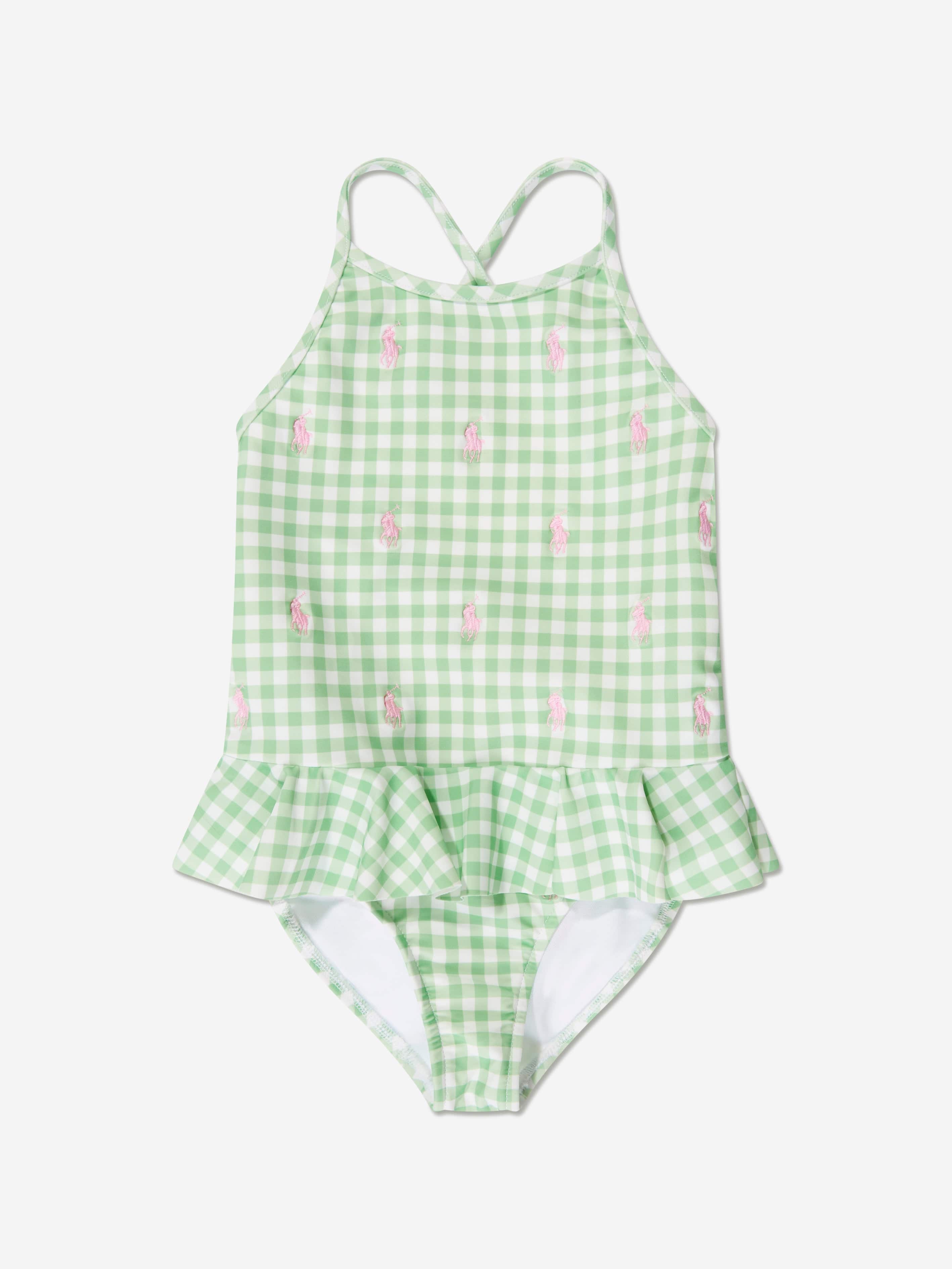 Ralph Lauren Girls Gingham Logo Swimsuit in Green