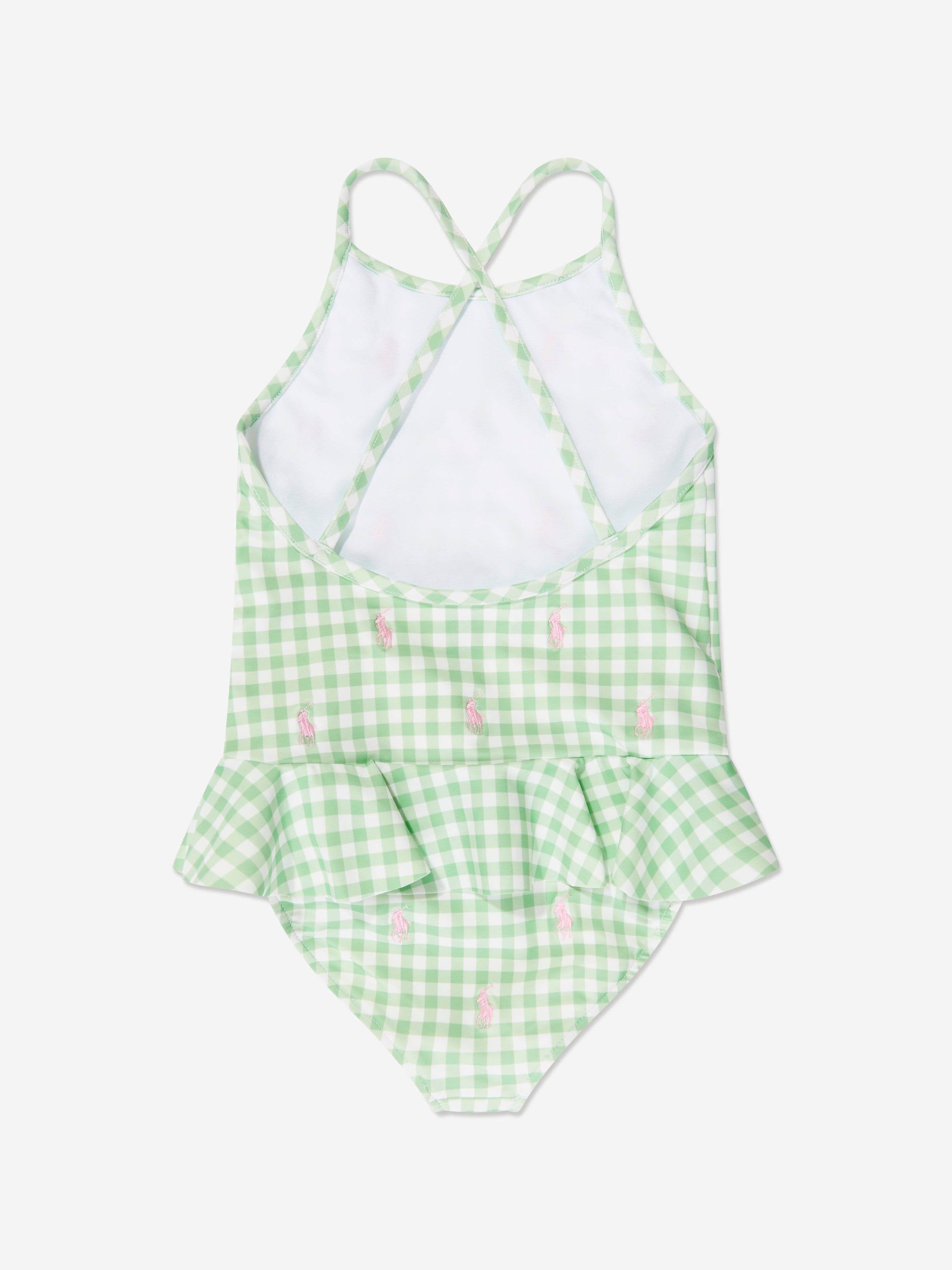Ralph Lauren Girls Gingham Logo Swimsuit in Green